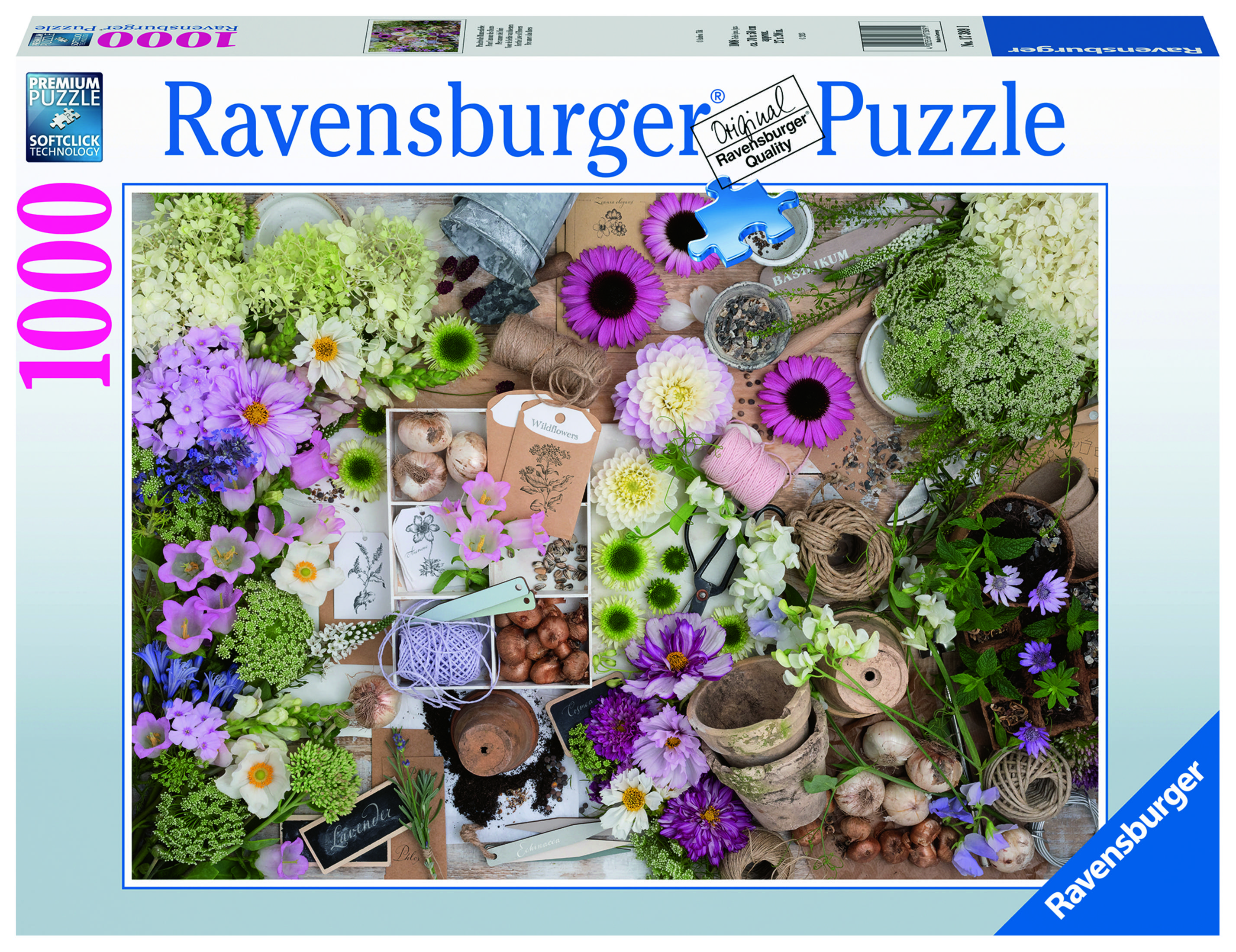 Puzzle Ravensburger 1000 elementów. Kwiaty, narzędzia i materiały na drewnianej powierzchni.