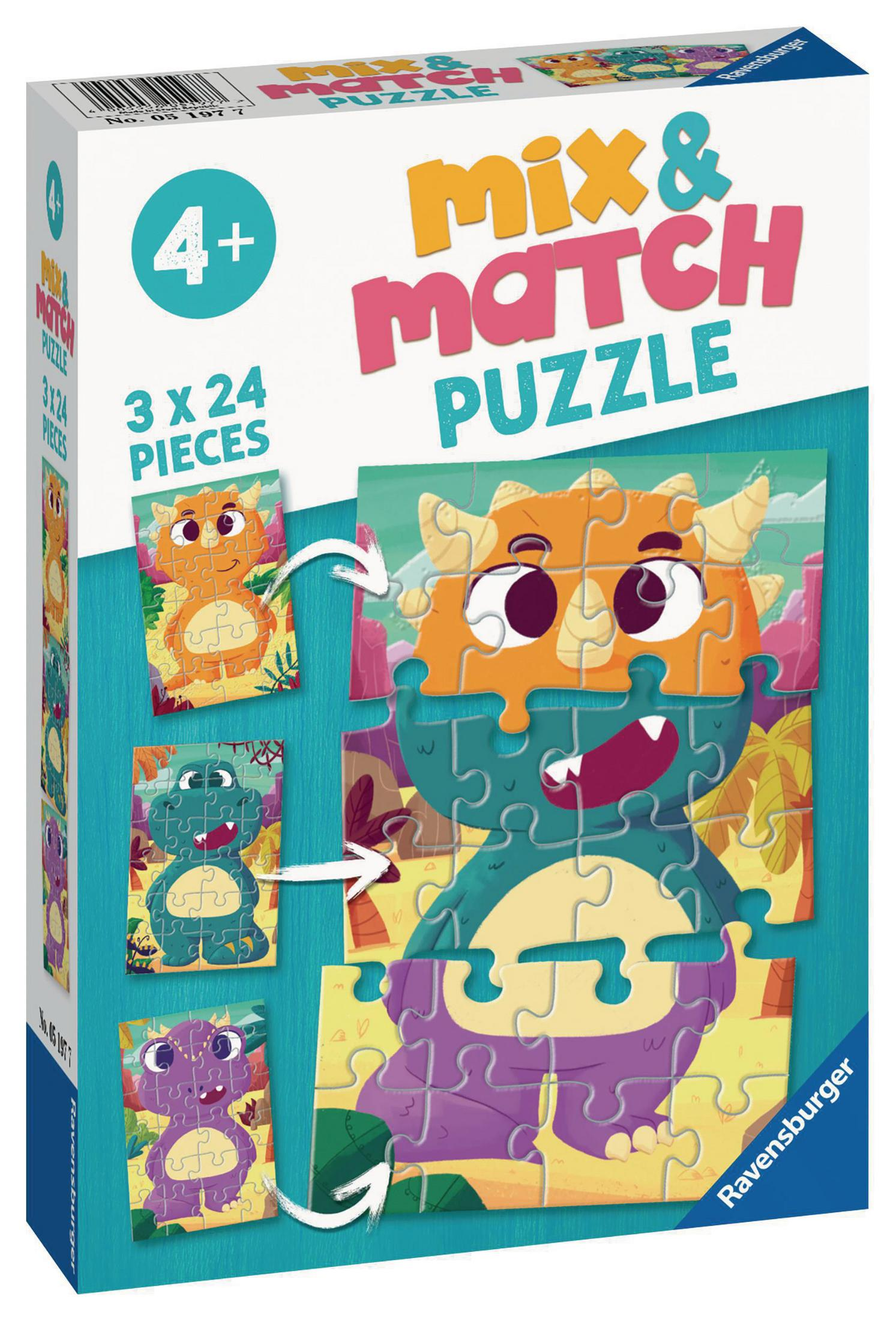 Eine Mix & Match Puzzle-Box für Kinder mit einem Puzzle, das Dinosaurier zeigt. Die Box hat Illustrationen von Teilen.