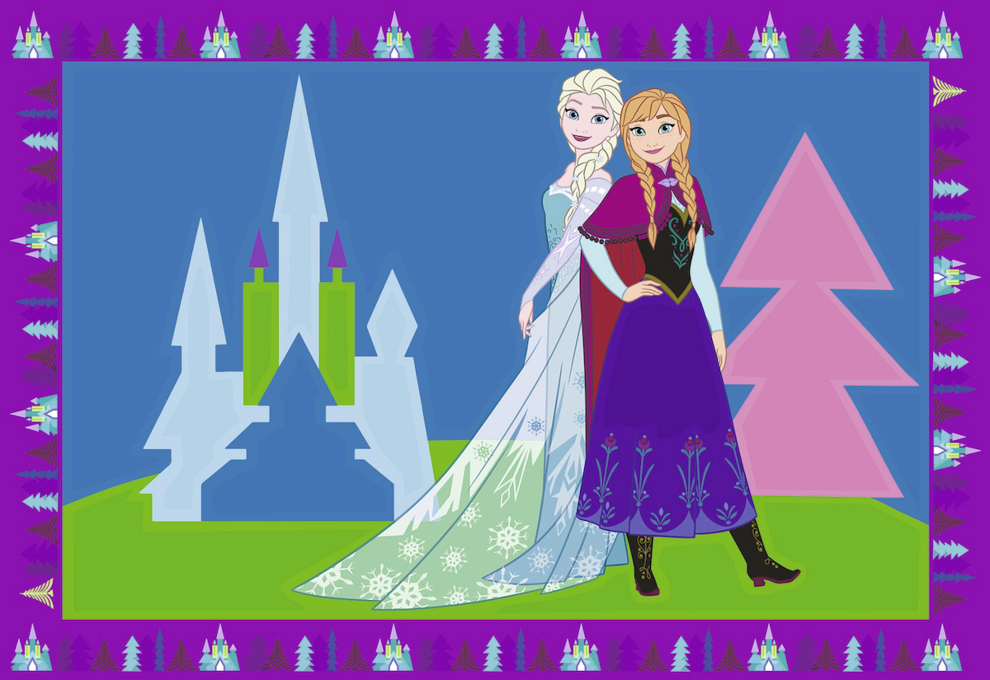 Zwei Zeichentrickfrauen stehen vor einem Schloss und Bäumen. Der Rand hat Schnee.