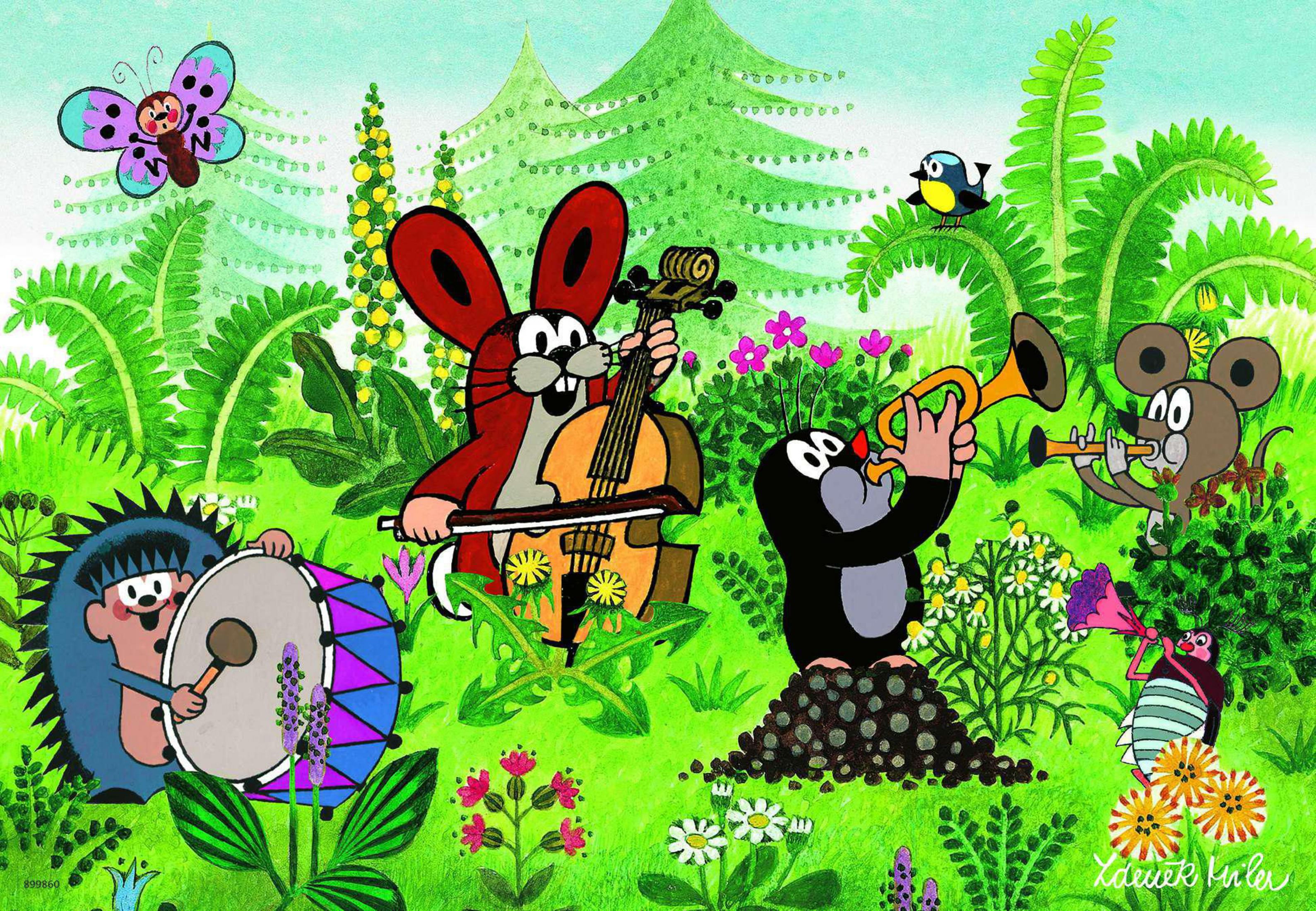 Cartoon-Illustration einer Waldszene mit musizierenden Tieren.
