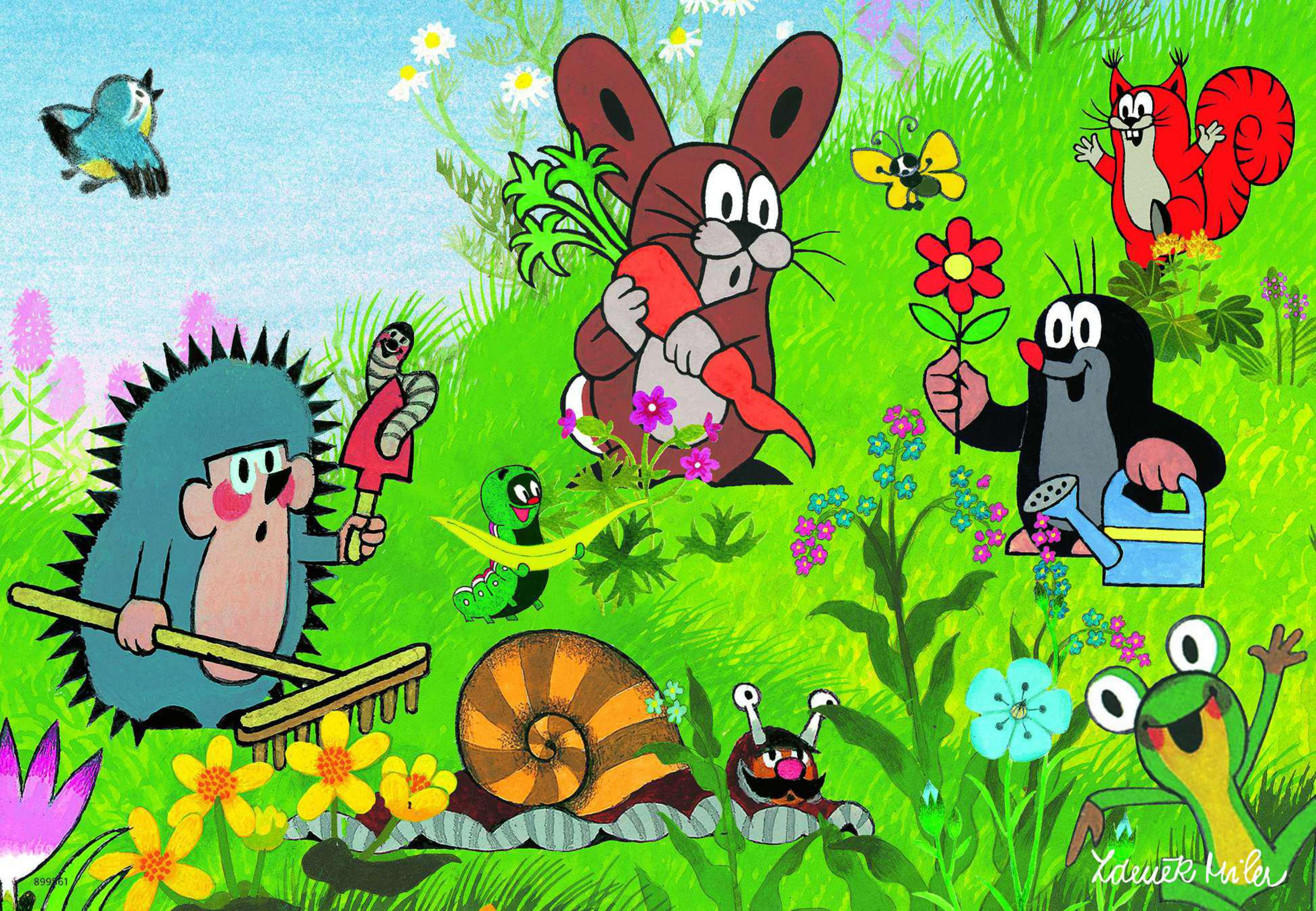 Zeichentrickszene mit Tieren: Kaninchen, Maulwurf, Igel, Eichhörnchen und andere auf einem Feld.