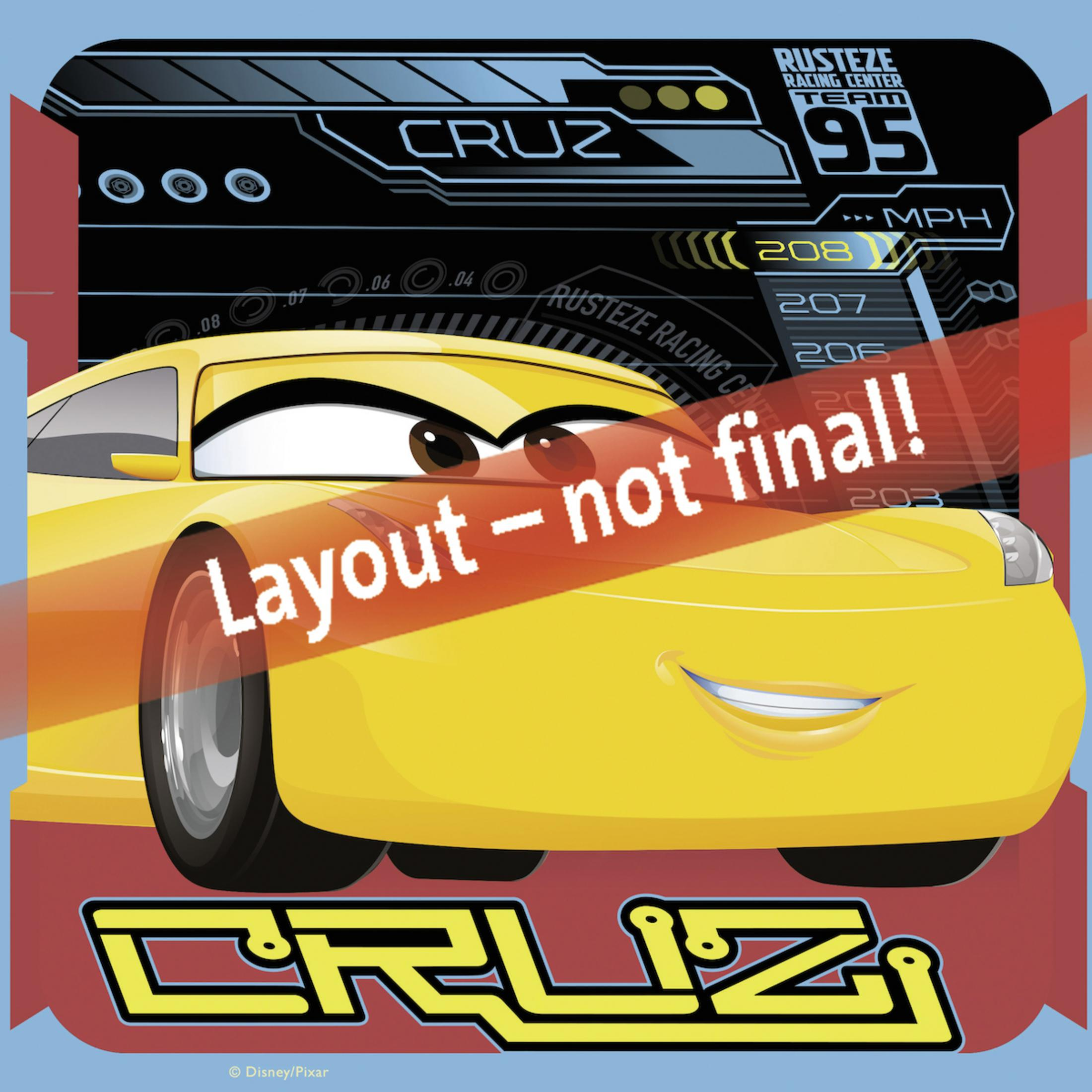Ein gelbes Rennauto mit dem Text 'Cruz' und 'Layout - not final!' darauf geschrieben.