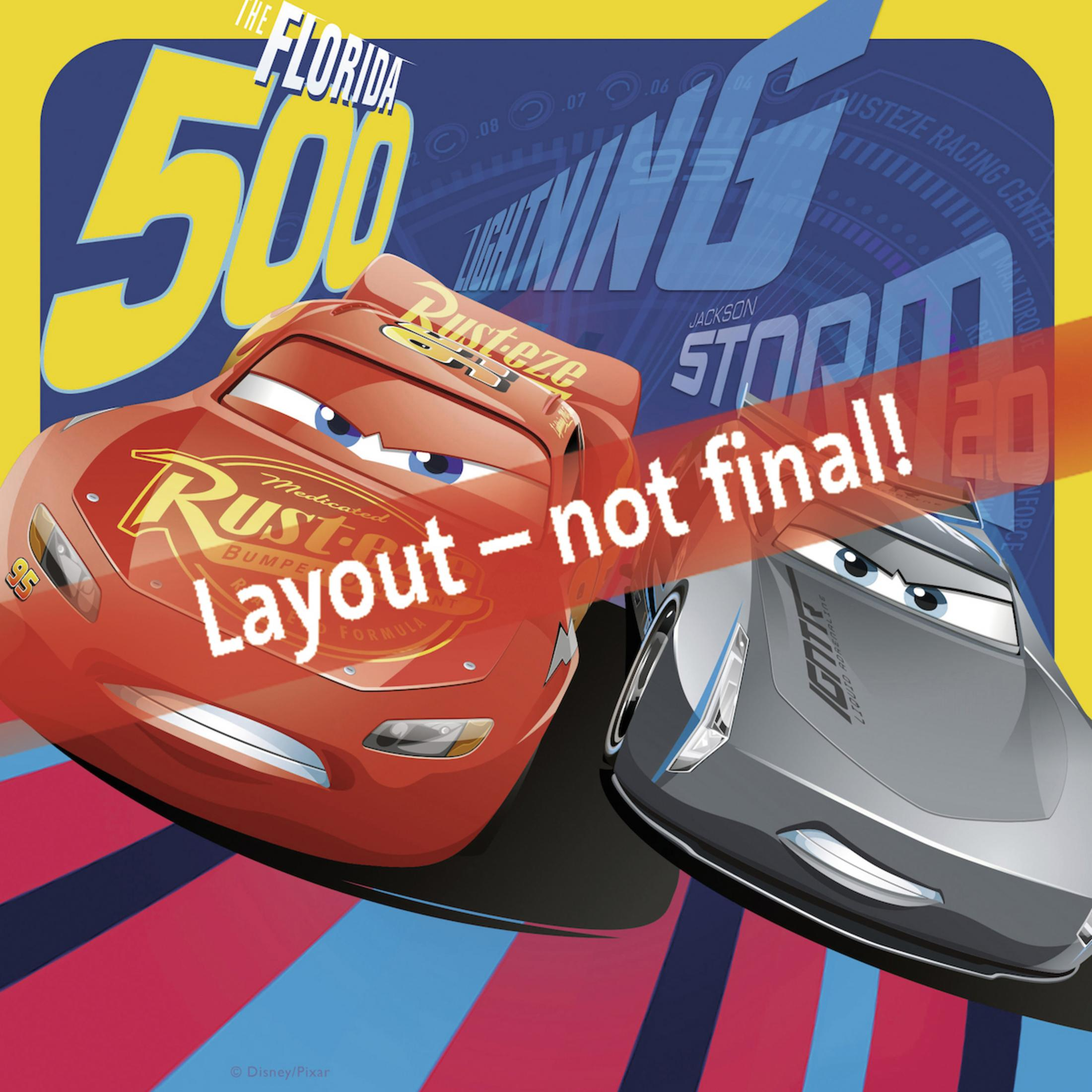 Cars-Filmplakat mit Lightning McQueen und Jackson Storm mit Text, 