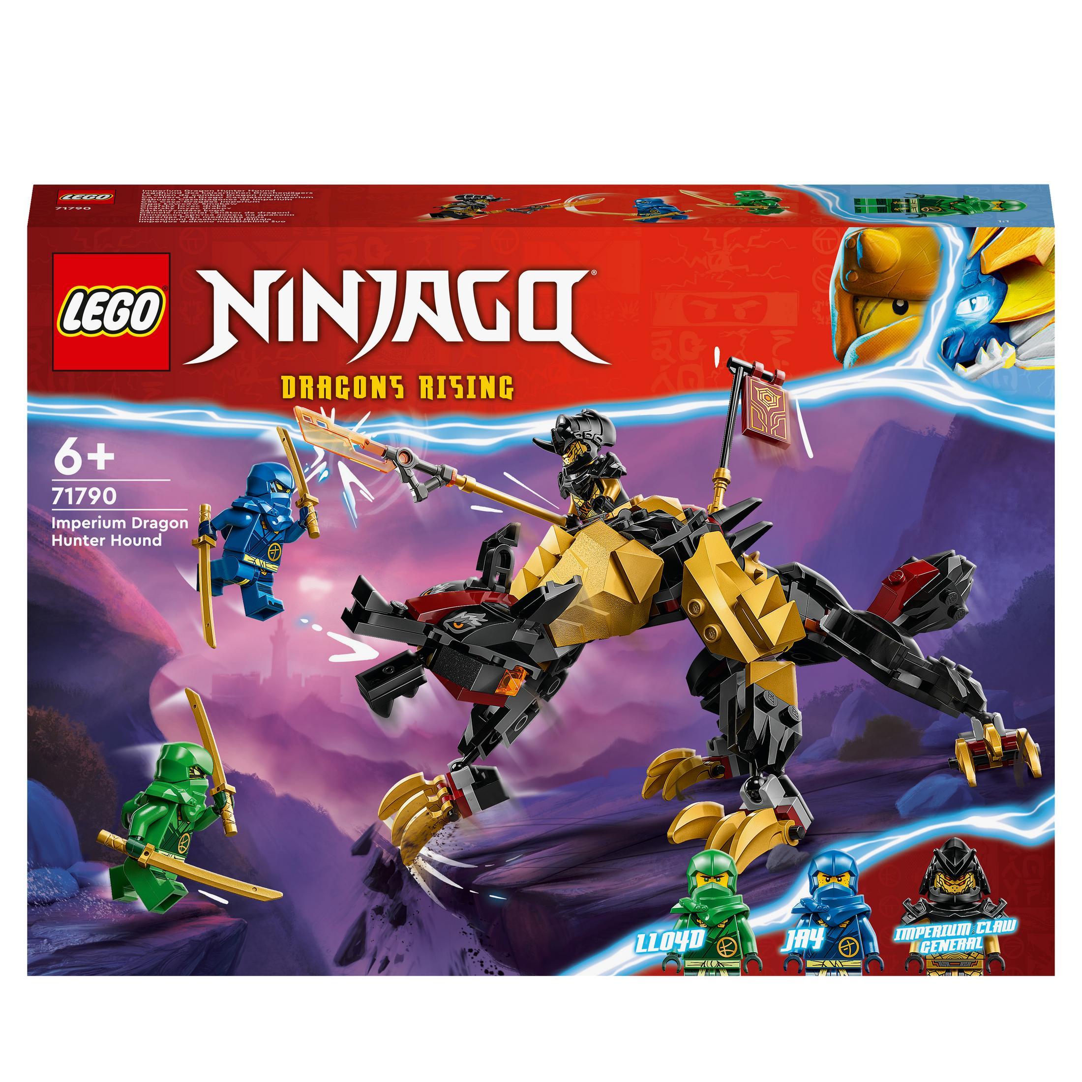 Caja de Lego Ninjago con minifiguras y un dragón. Fondo blanco.