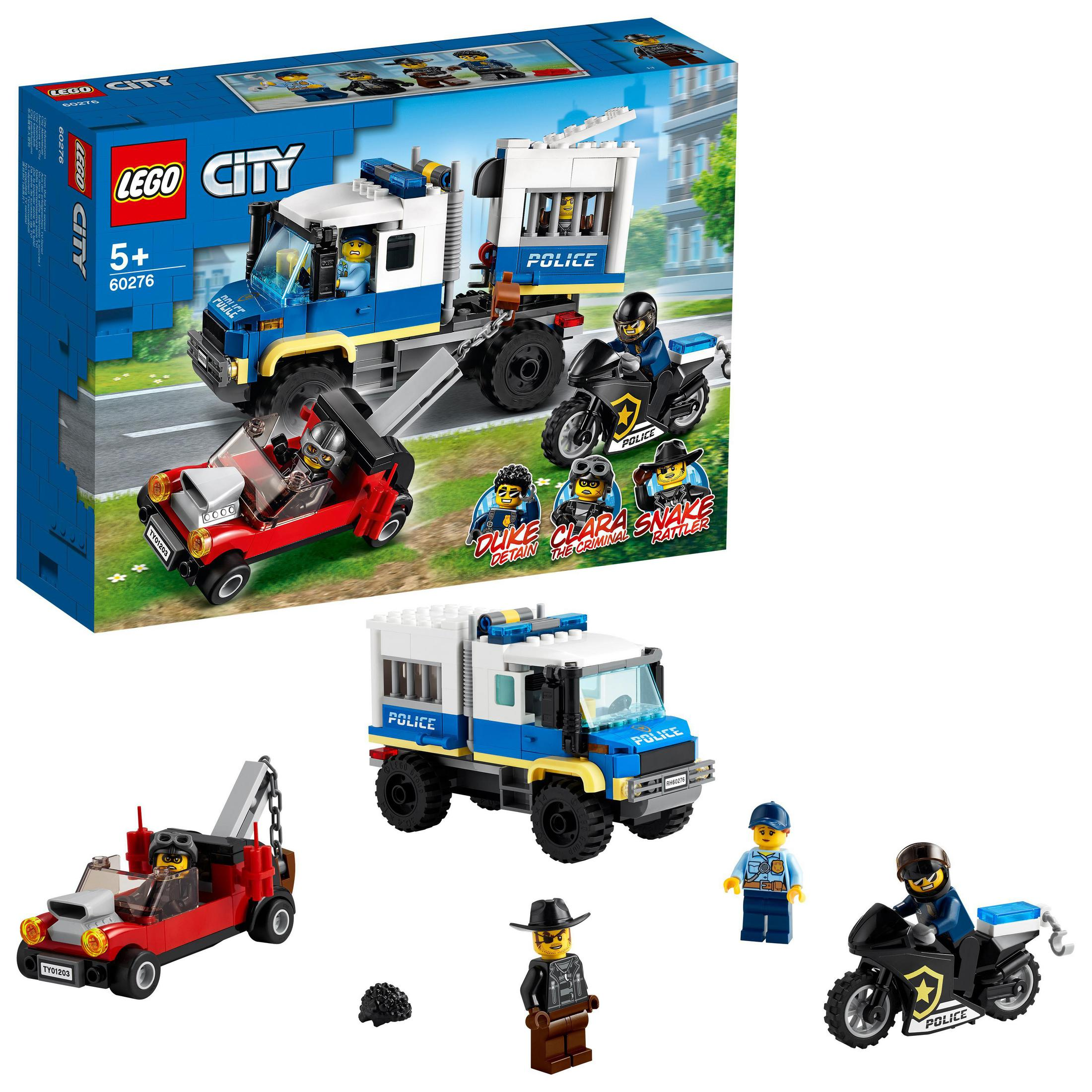 Zestaw Lego City policja z ciężarówką, jeepem, motocyklem i figurkami. Pudełko jest w tle.