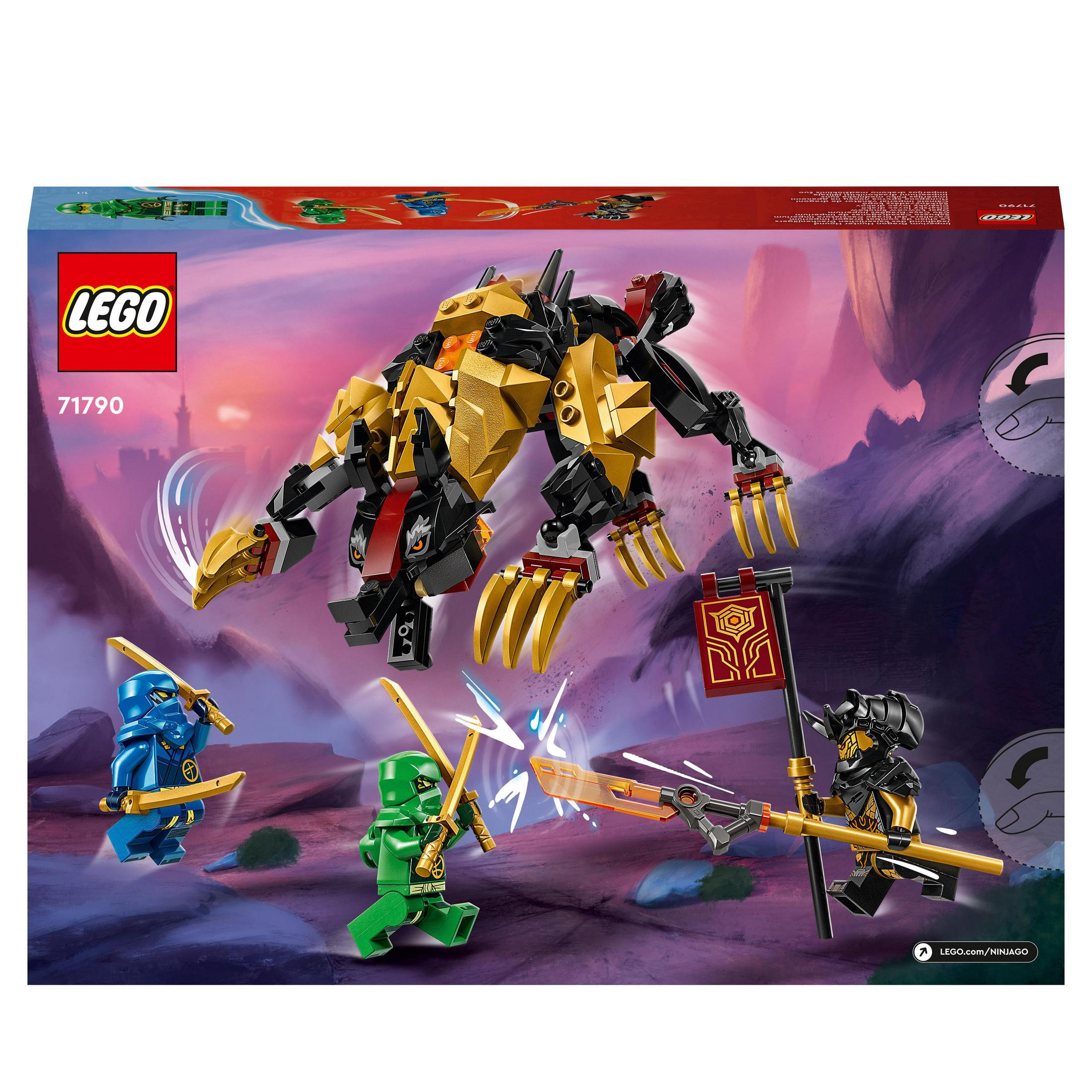 Un set de Lego con un gran monstruo dorado y tres ninjas en combate.
