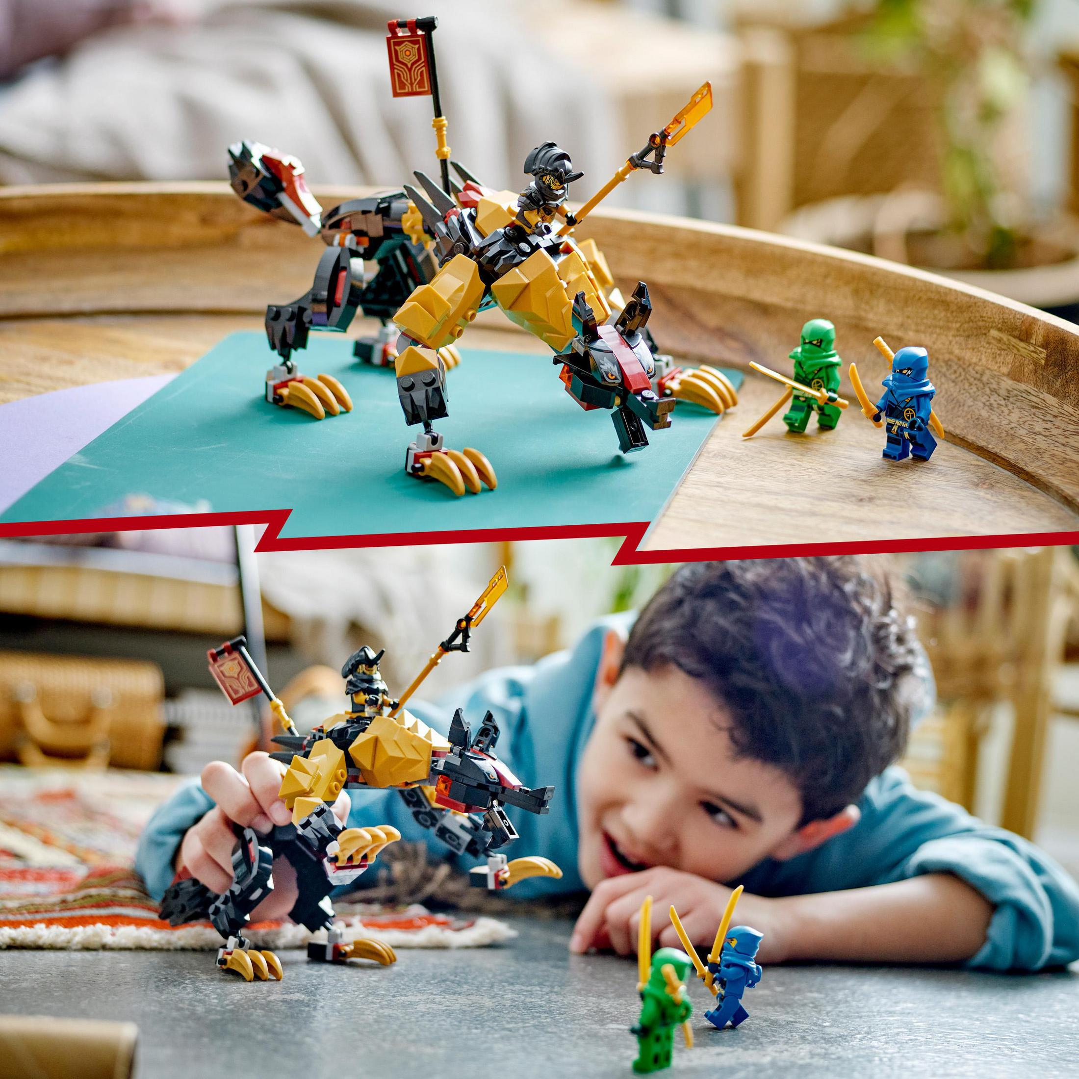 Dos imágenes de un set Lego Ninjago con un lobo dorado y figuras ninja jugando con el set.