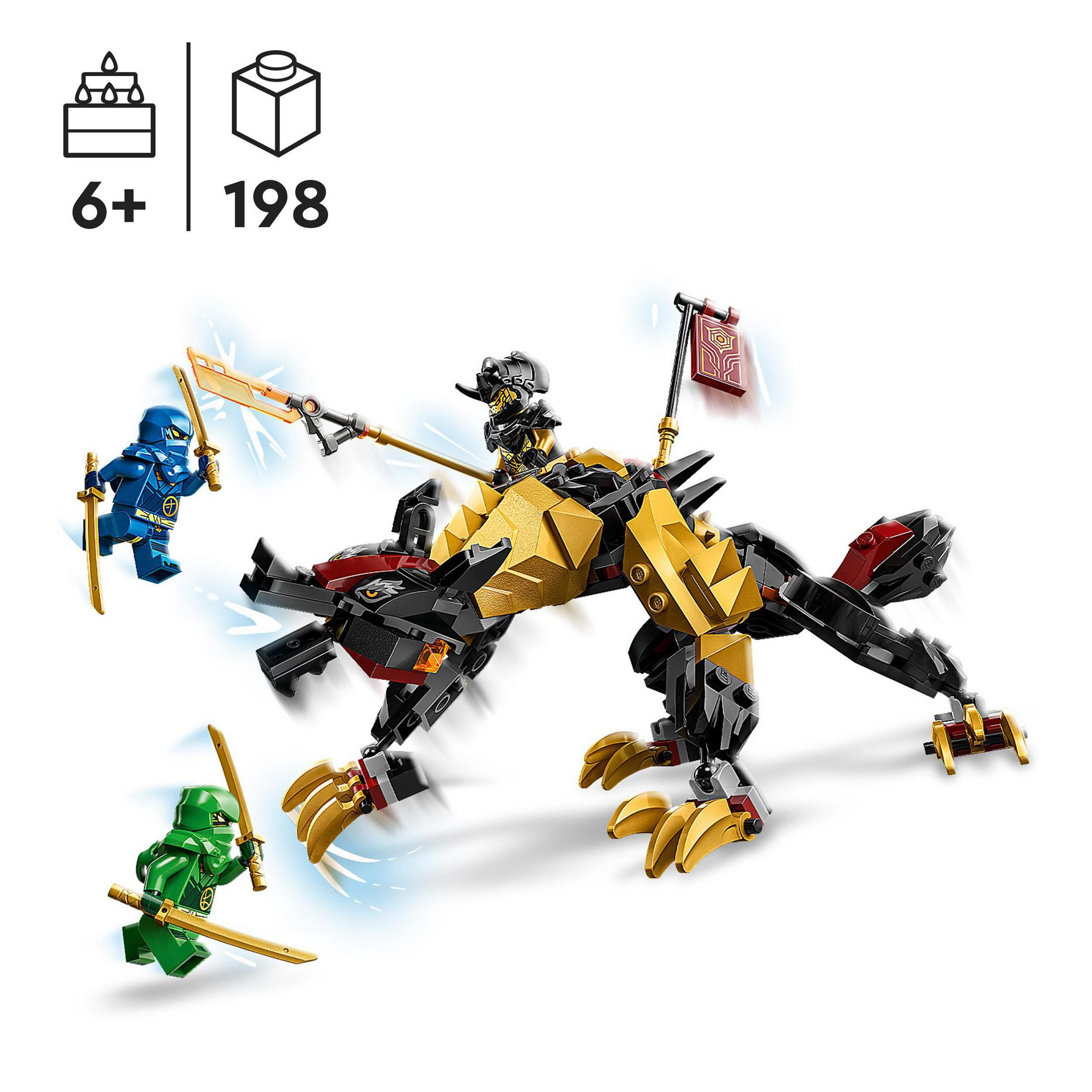Un set de Lego Ninjago con un dragón, ninjas y armas. El dragón es dorado y negro.