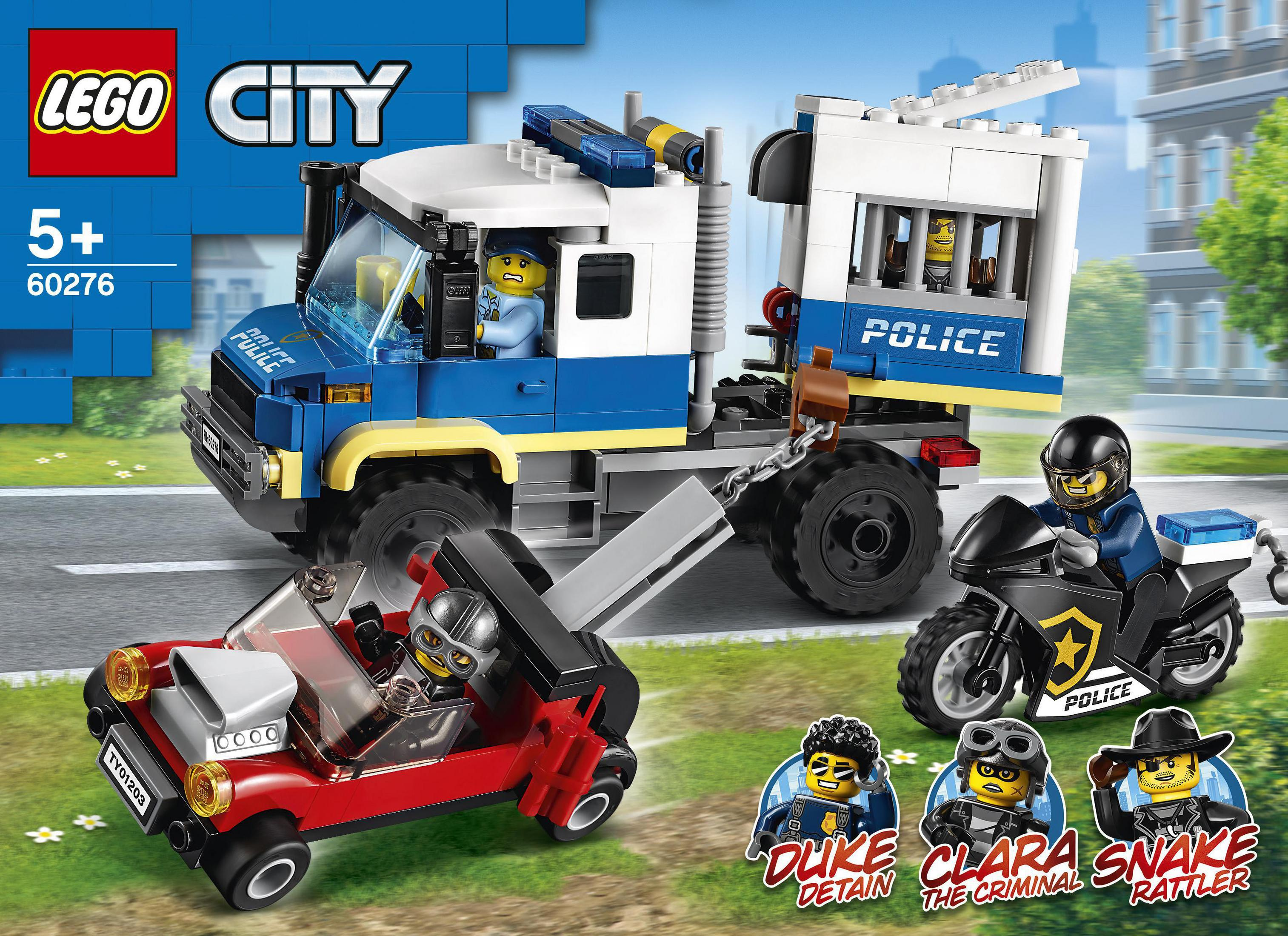 Zestaw Lego City z ciężarówką policyjną, samochodem i motocyklem. Zawiera figurki.