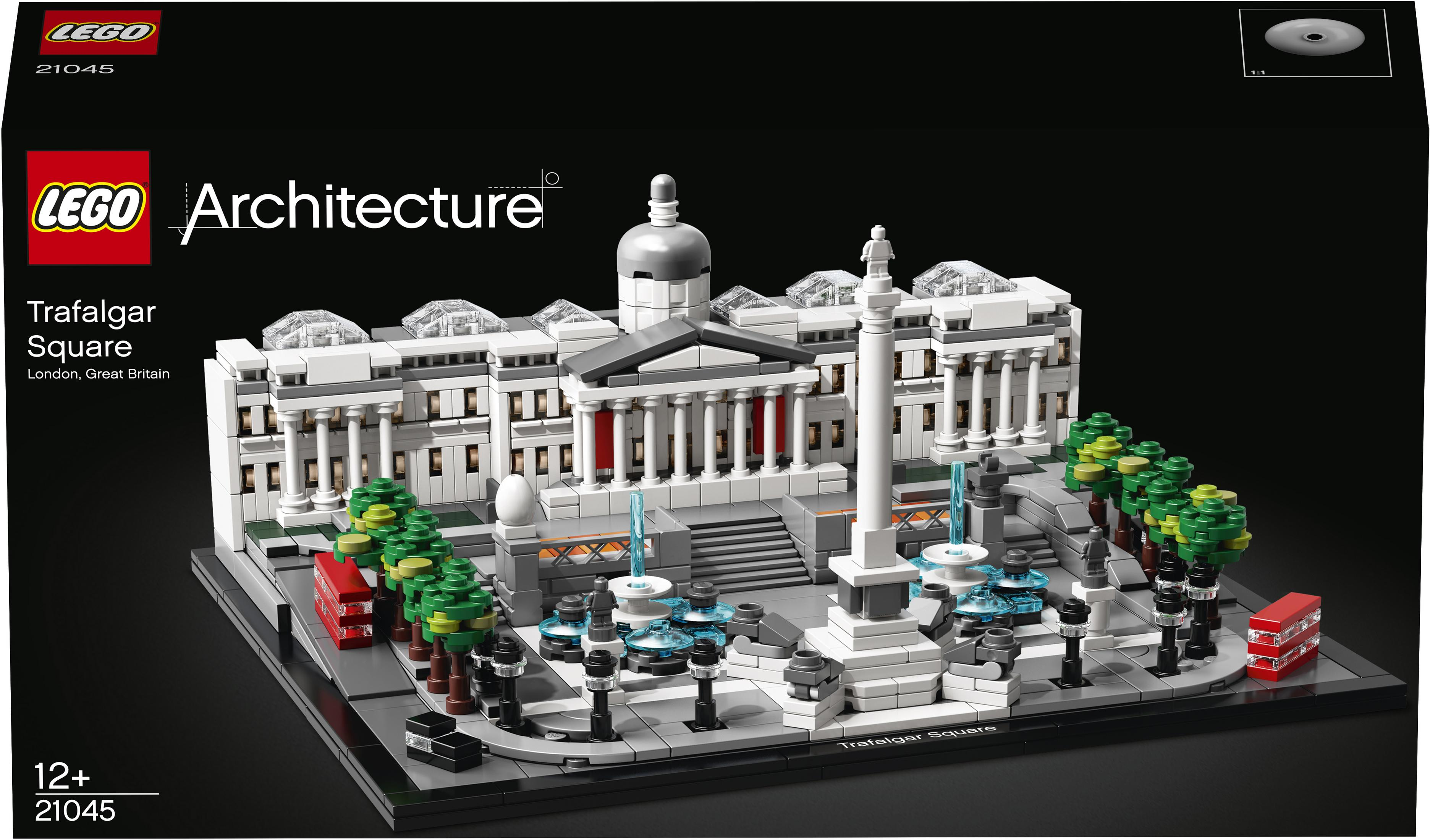 Une boîte de l'ensemble Lego Architecture Trafalgar Square avec une maquette du monument londonien.