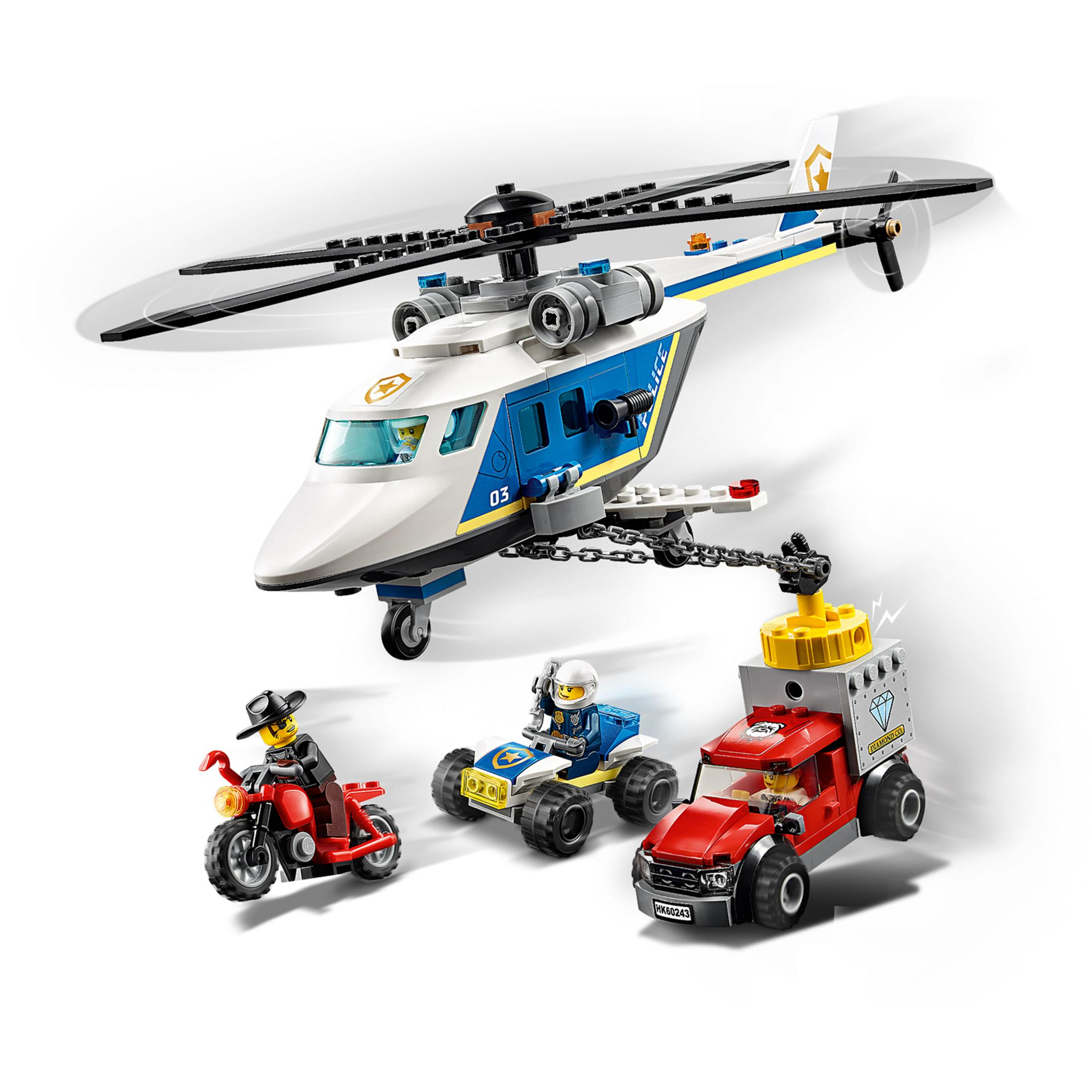 LEGO City politiehelikopter en voertuigen. Inclusief politie, een motor en een vrachtwagen.