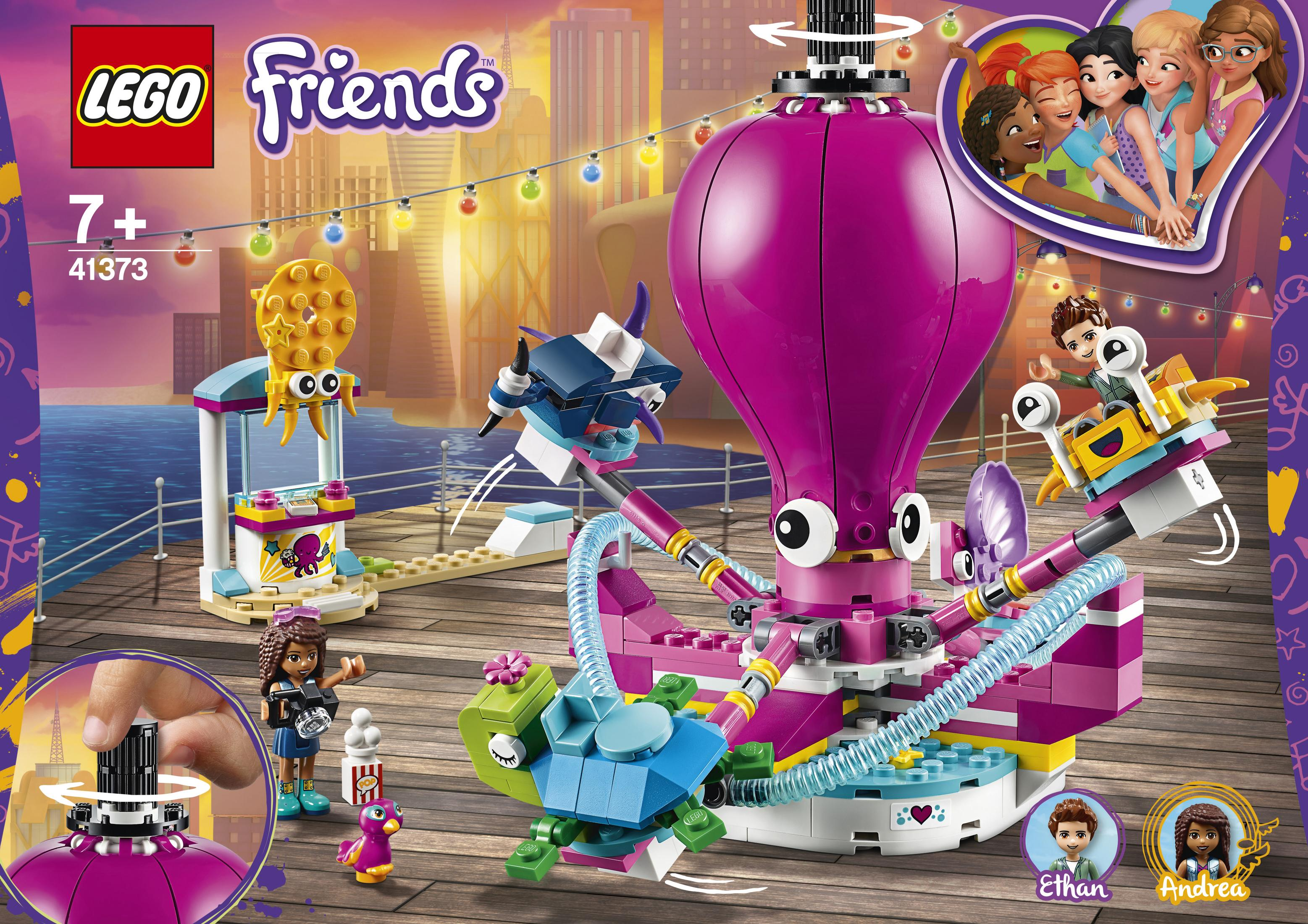 Ein Lego Friends Set mit einem großen lila Oktopus-Fahrgeschäft und verschiedenen Figuren.