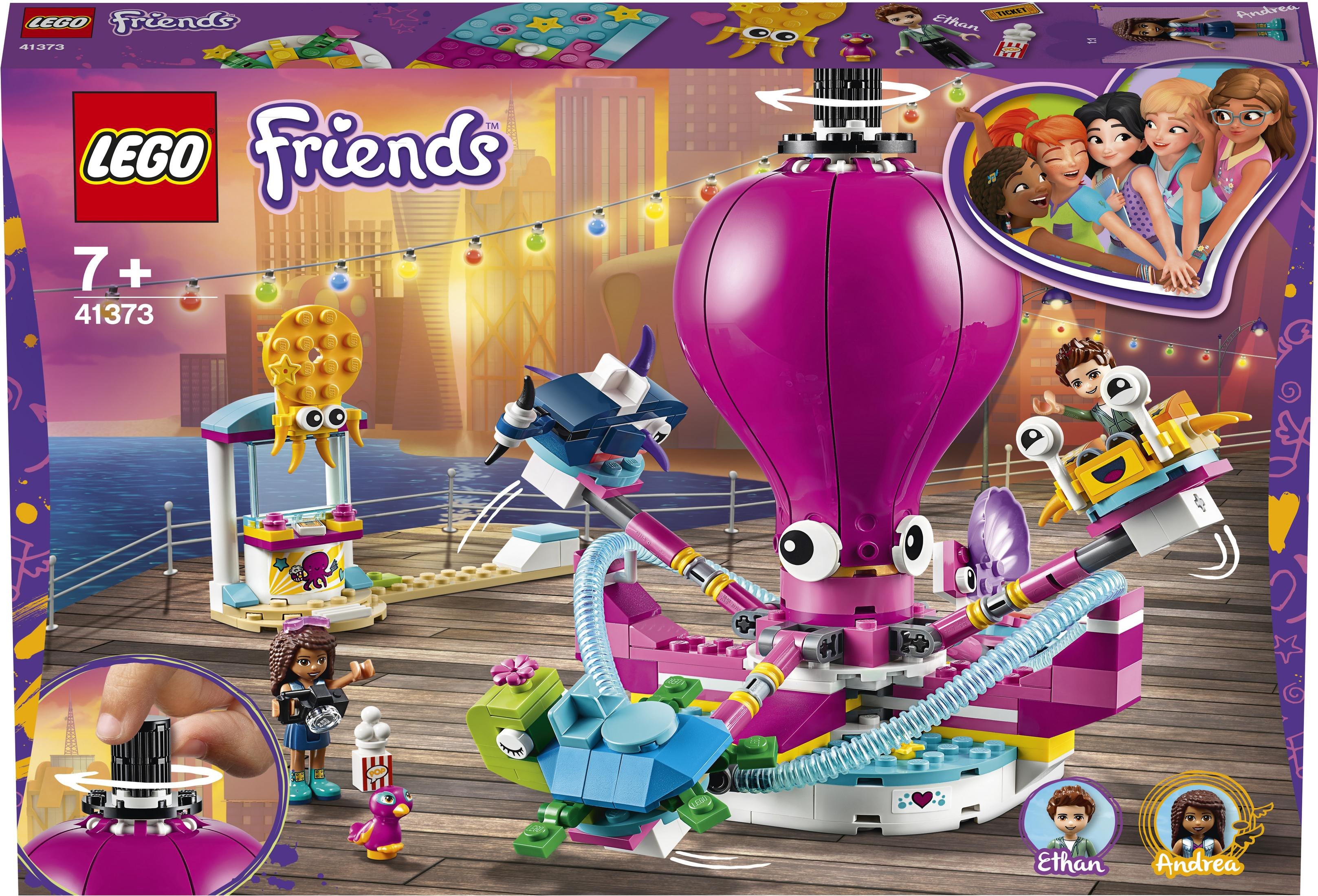 LEGO Friends Set-Box, die eine Vergnügungspark-Szene mit Octopus-Fahrgeschäft, Figuren und bunten Elementen zeigt.