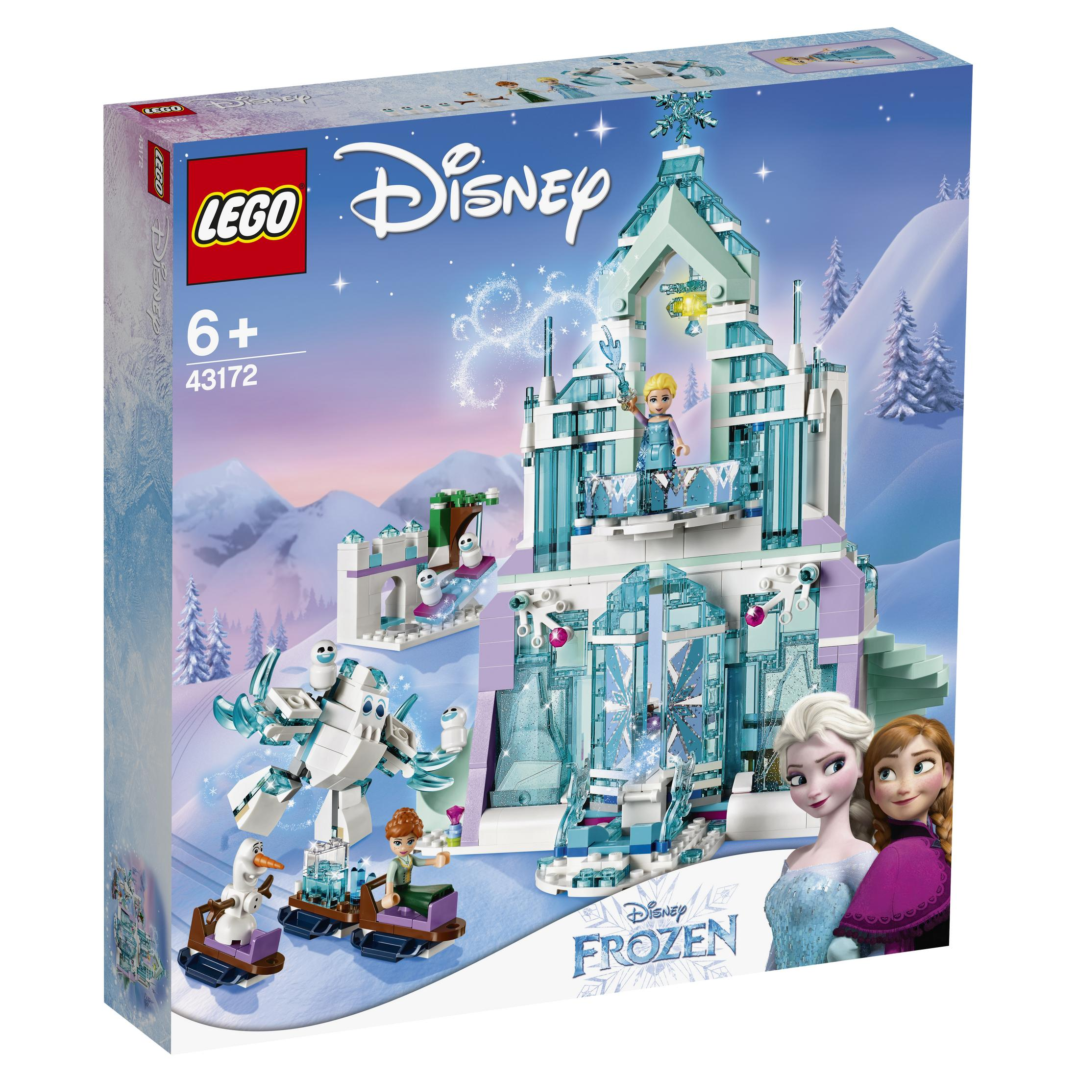 Un set Lego Frozen con le figure di Elsa, Anna e Olaf in una scena del castello di neve.