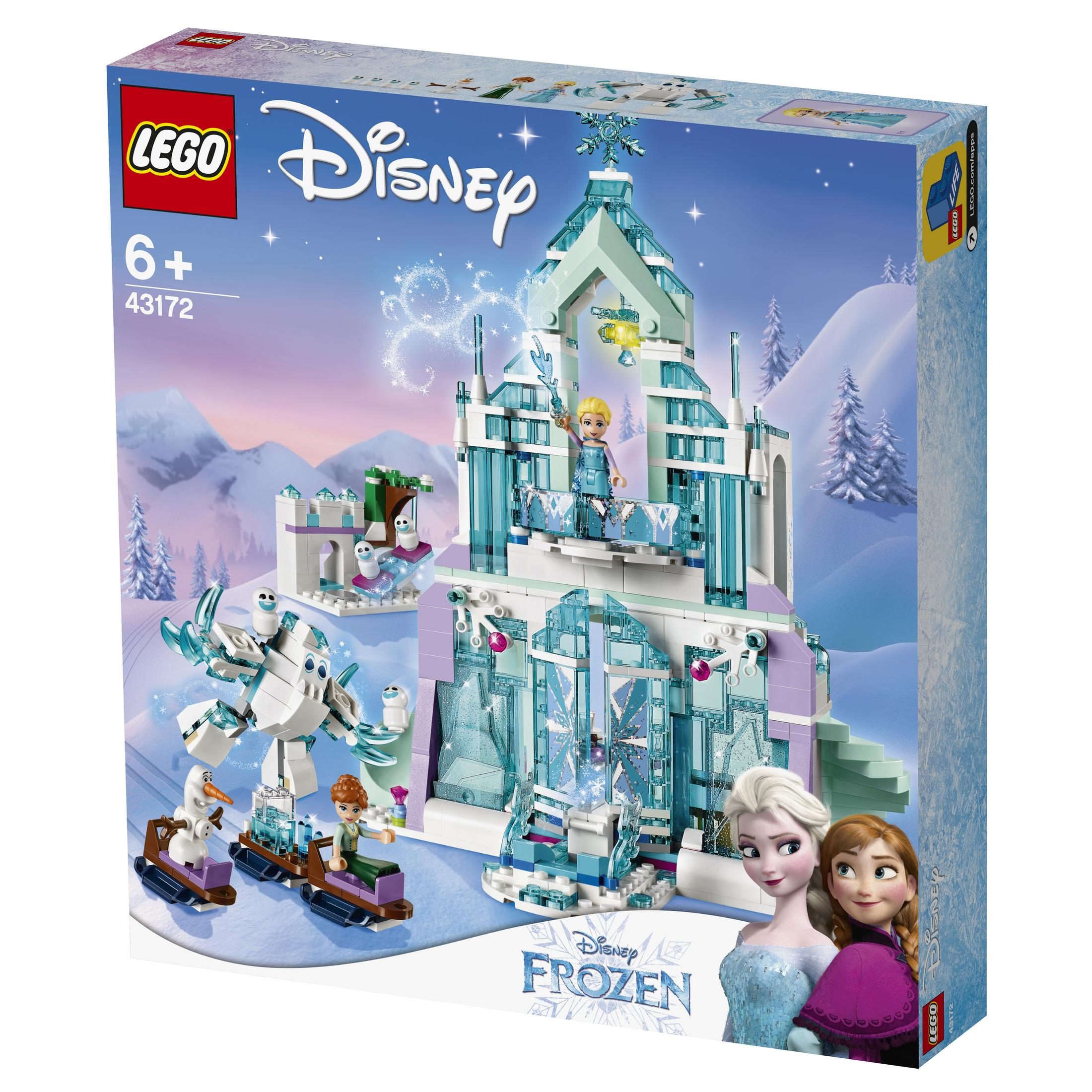 Un set LEGO Disney Frozen. Un castello è al centro e le figure sono in basso.