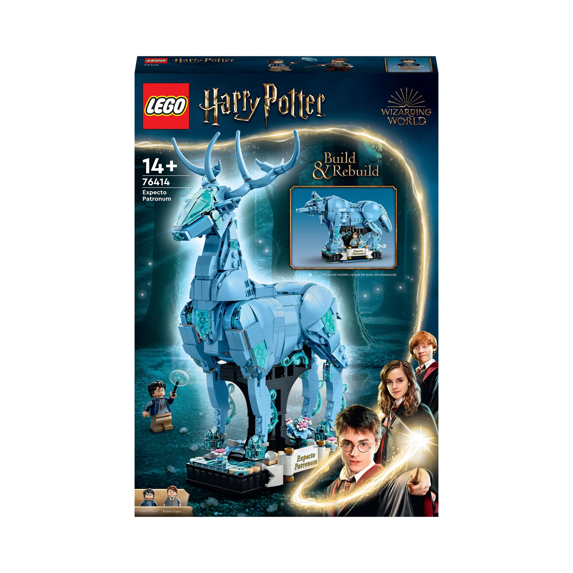 Eine Lego-Box eines blauen Patronus, mit Harry Potter, Hermine und Ron auf dem Cover.