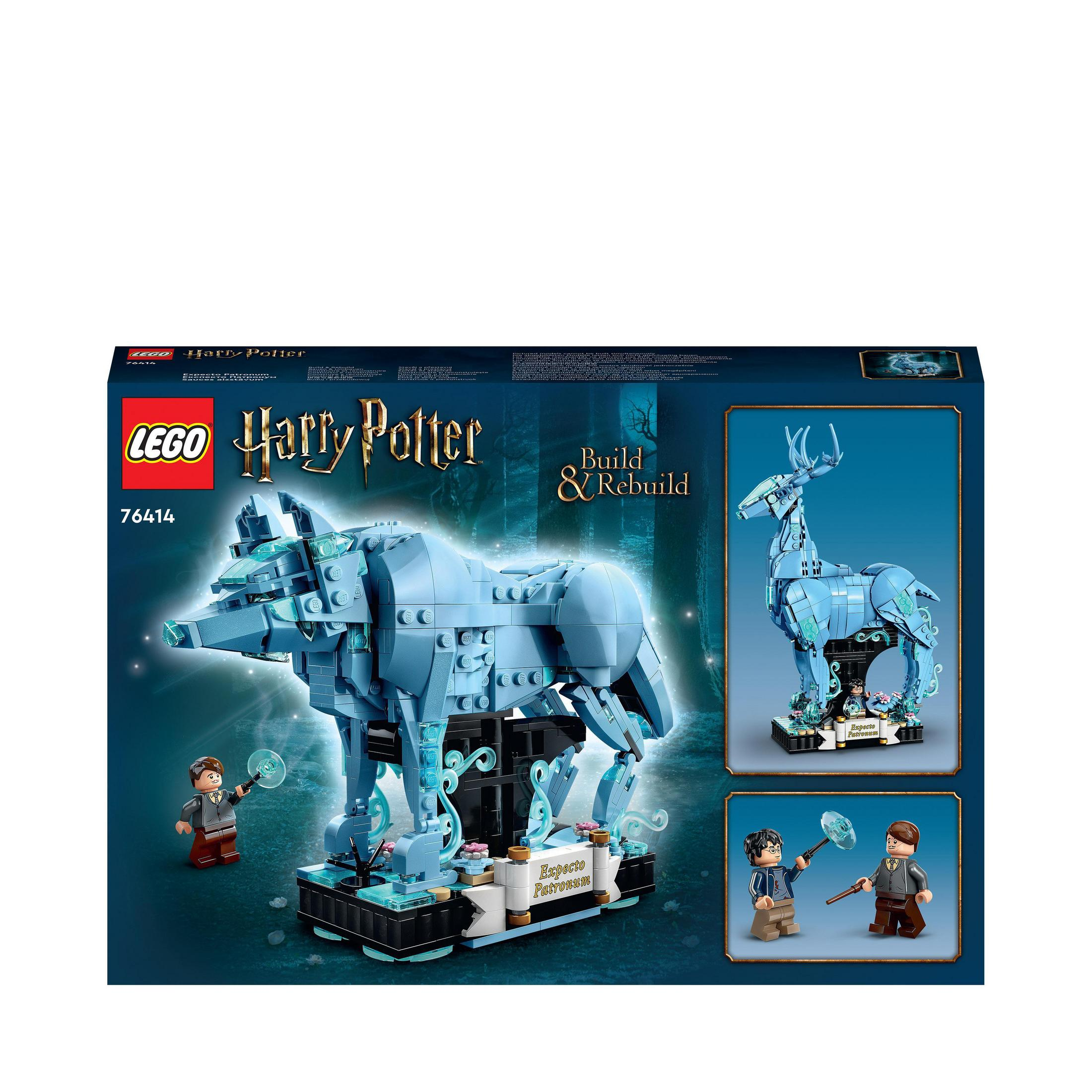 LEGO Harry Potter Box-Set, zeigt einen hellblauen animierten Hirsch und Wolf mit zwei Figuren.