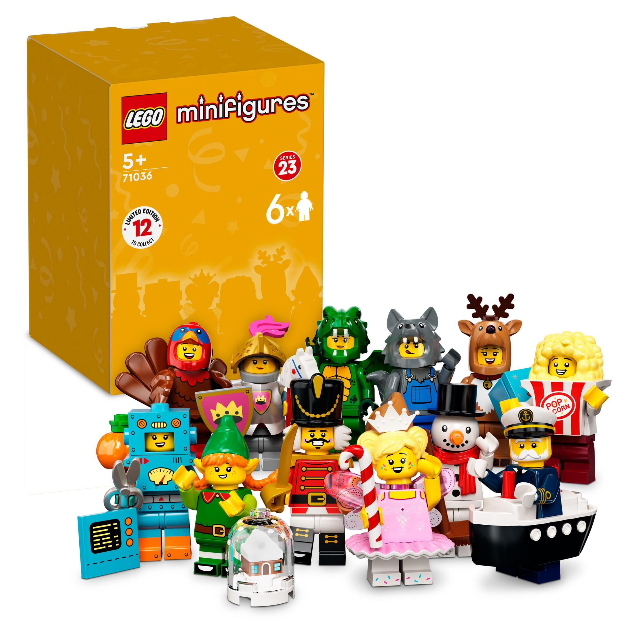 Box mit Lego-Minifiguren mit verschiedenen Charakteren und gelbem Hintergrund.