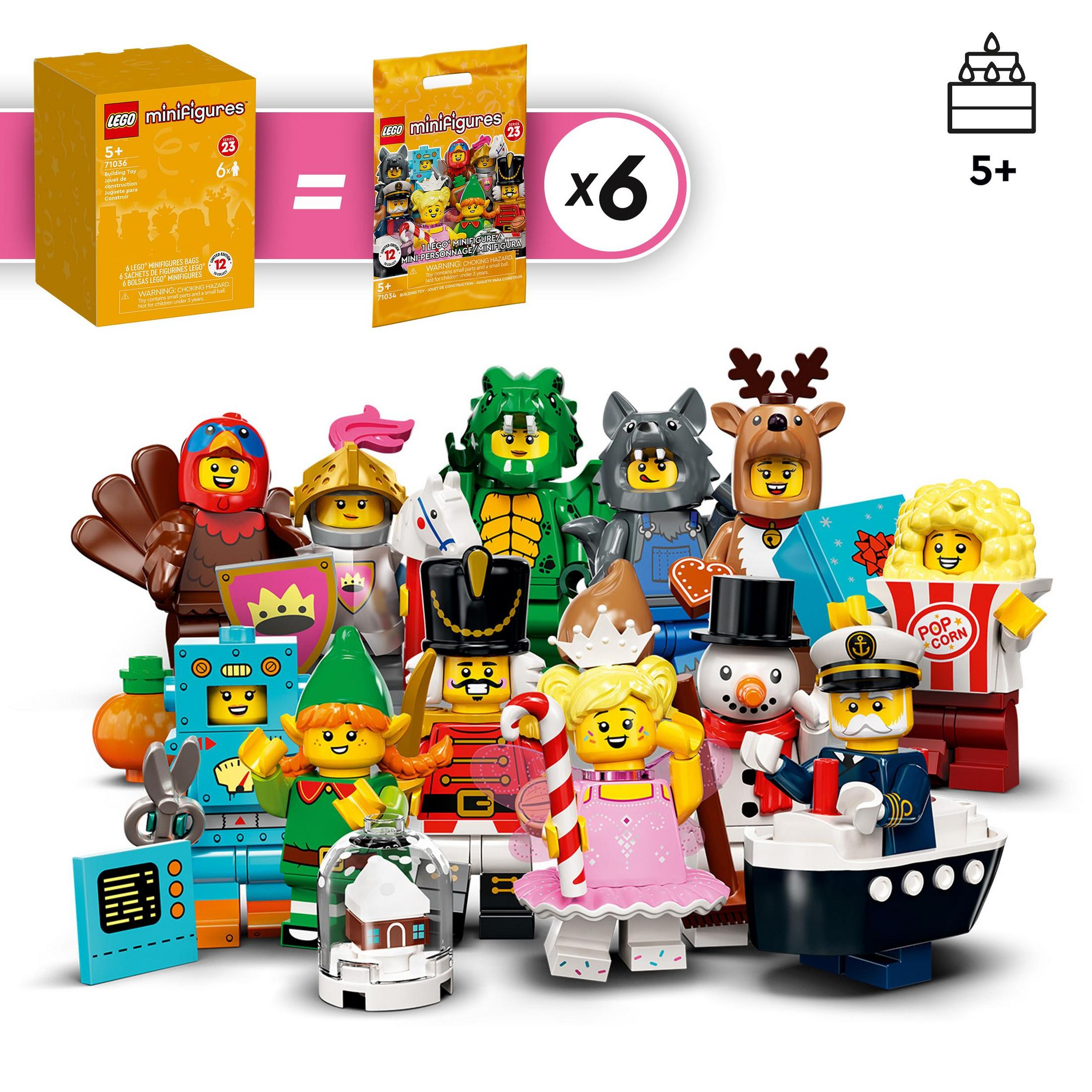 Eine Sammlung von Lego-Minifiguren in Kostümen und eine Lego-Box.