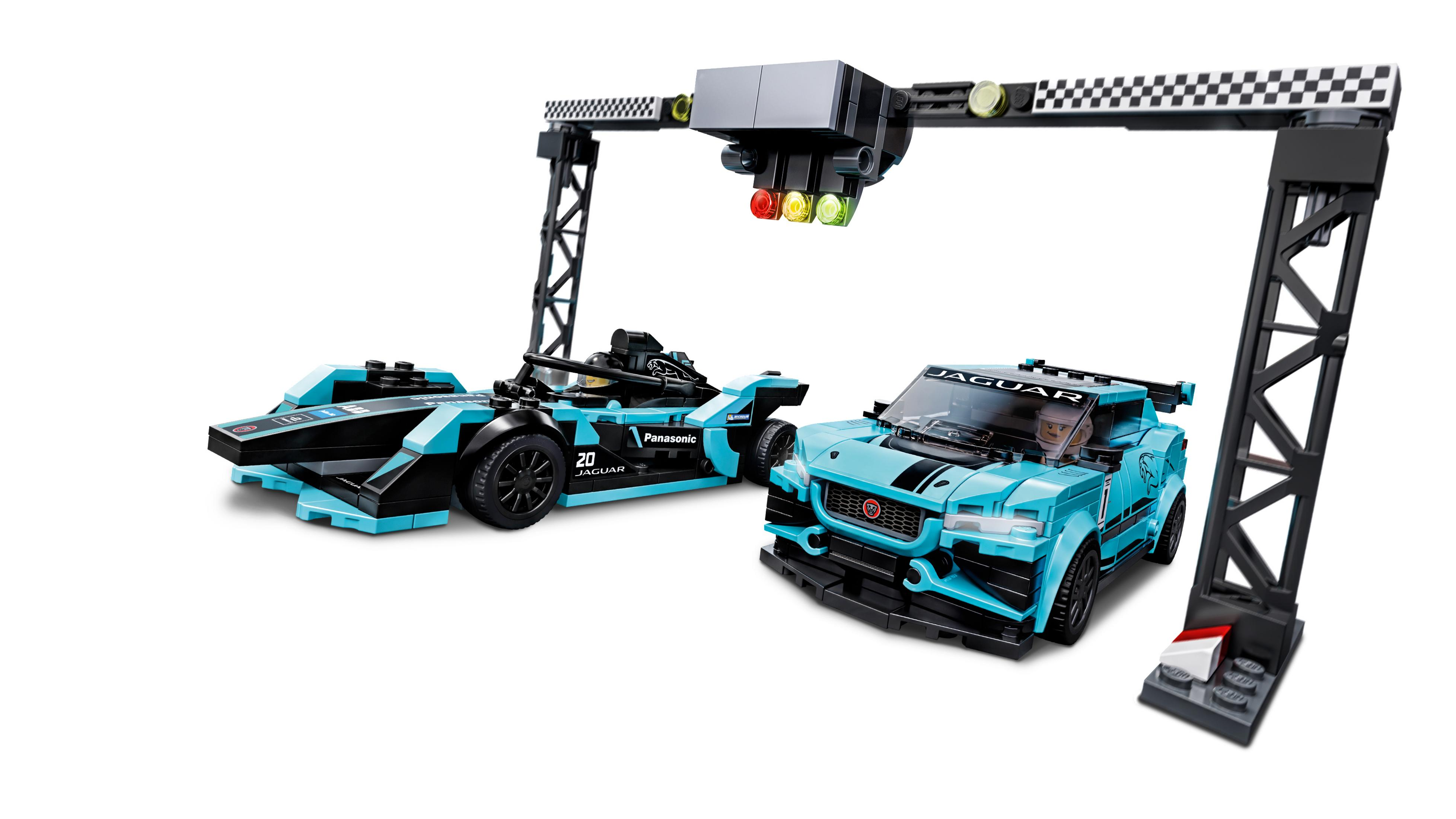 Set Lego Speed Champions con auto da corsa Jaguar e struttura del traguardo.