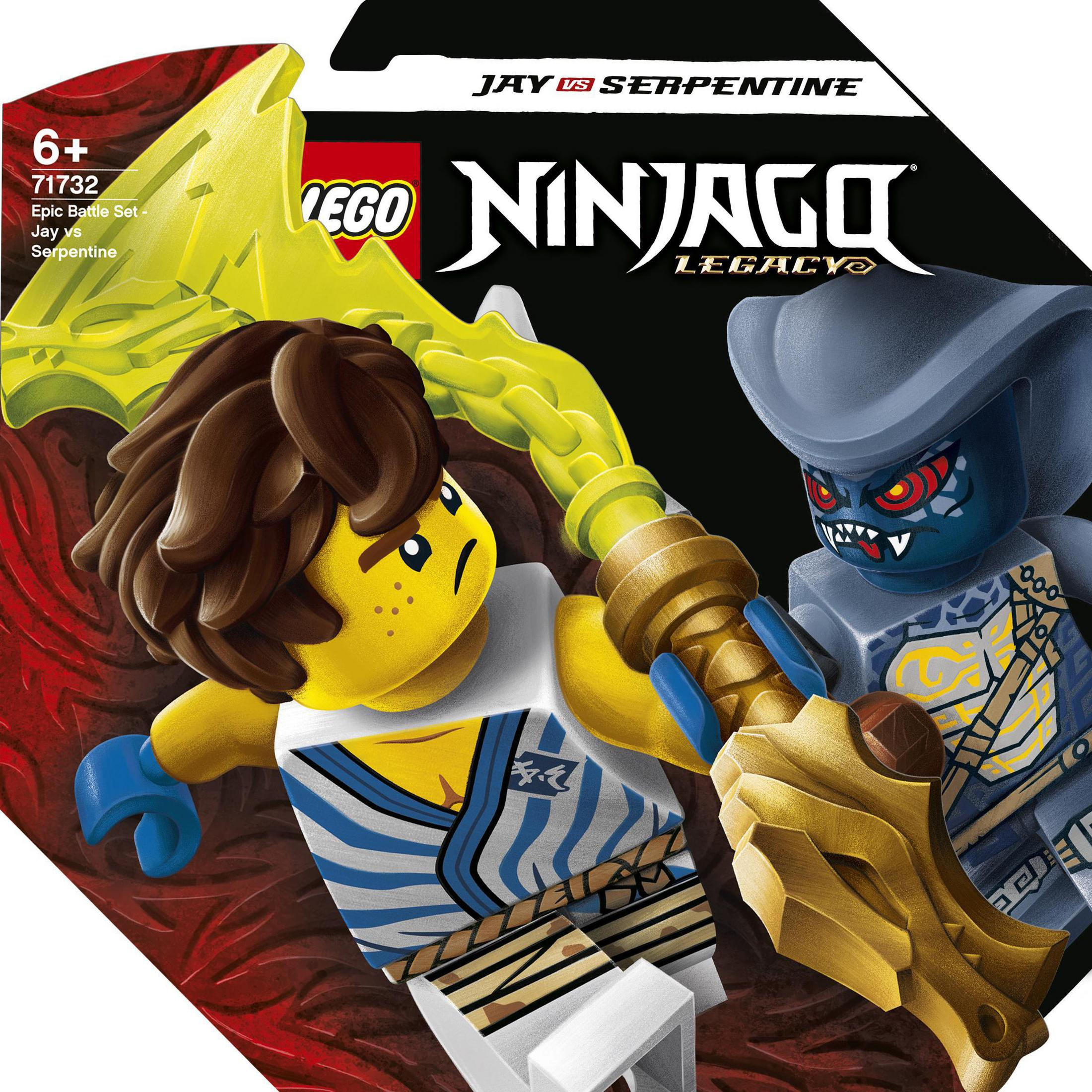 Lego Ninjago Set mit Jay und einem Serpentine. Jay hält eine gelbe Waffe und kämpft gegen den Serpentine.