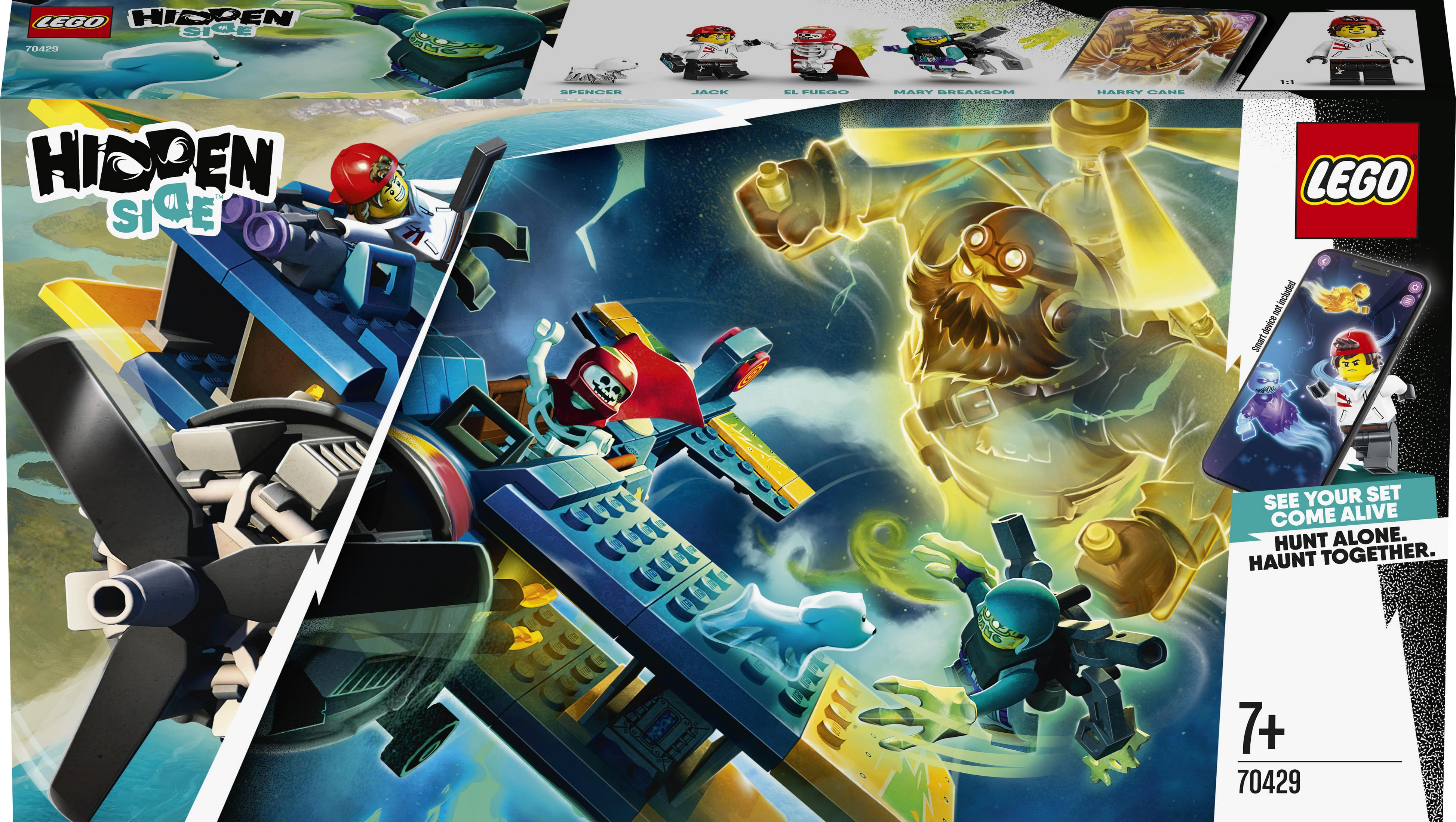 Lego Hidden Side set box, with a plane and a ghost figure, and a phone.