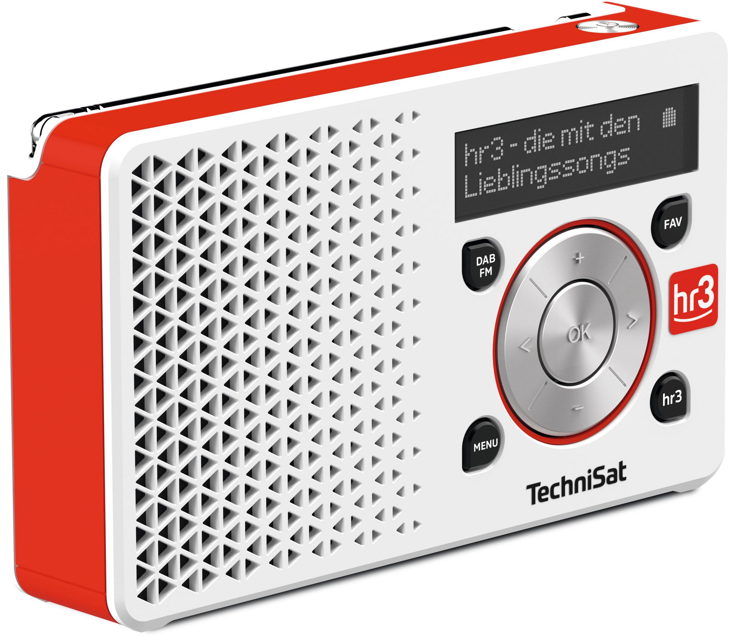 Rotes und weißes TechniSat-Radio mit Knöpfen und Bildschirm, der Text anzeigt. Das Radio steht auf weißem Grund.