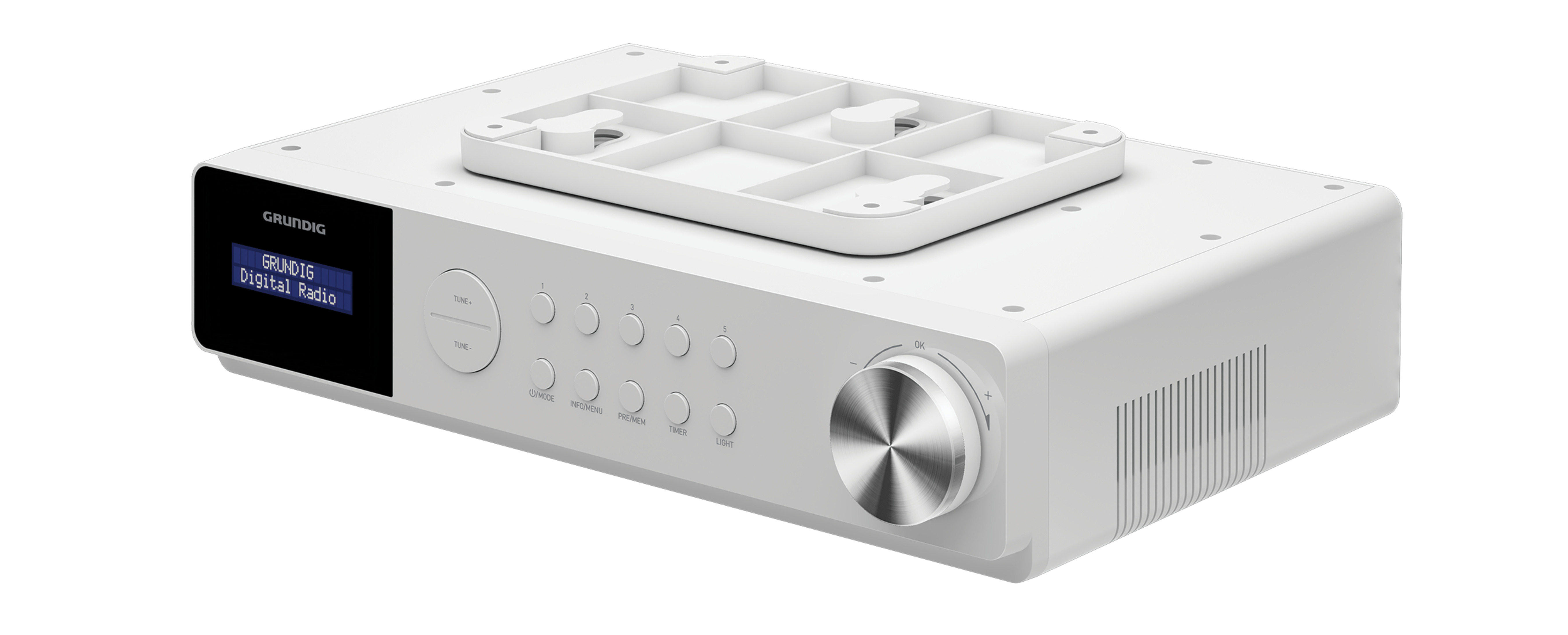Białe radio cyfrowe Grundig z przyciskami i wyświetlaczem oraz biały wspornik montażowy.