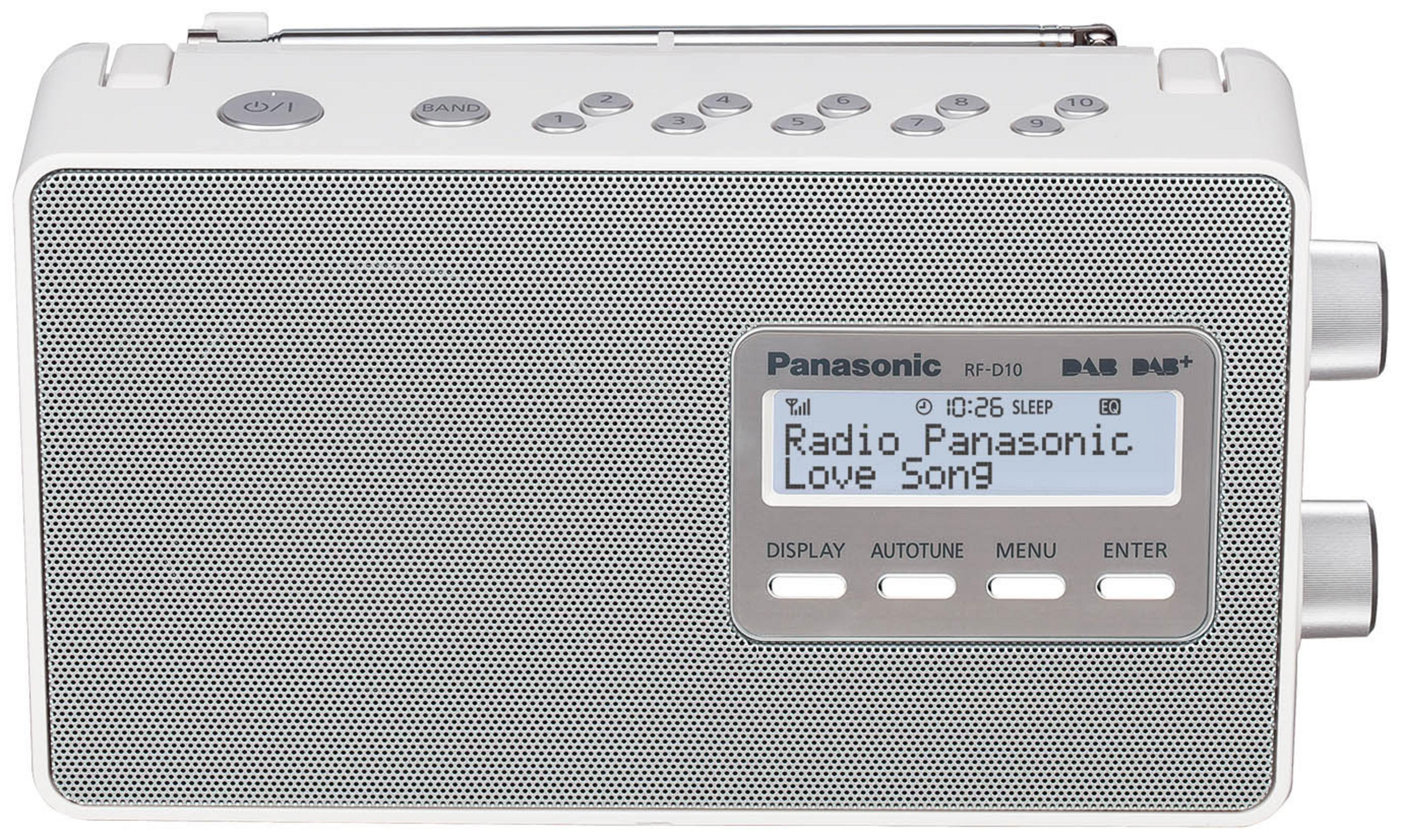 Białe radio Panasonic z wyświetlaczem pokazującym godzinę, stację radiową i przyciski.