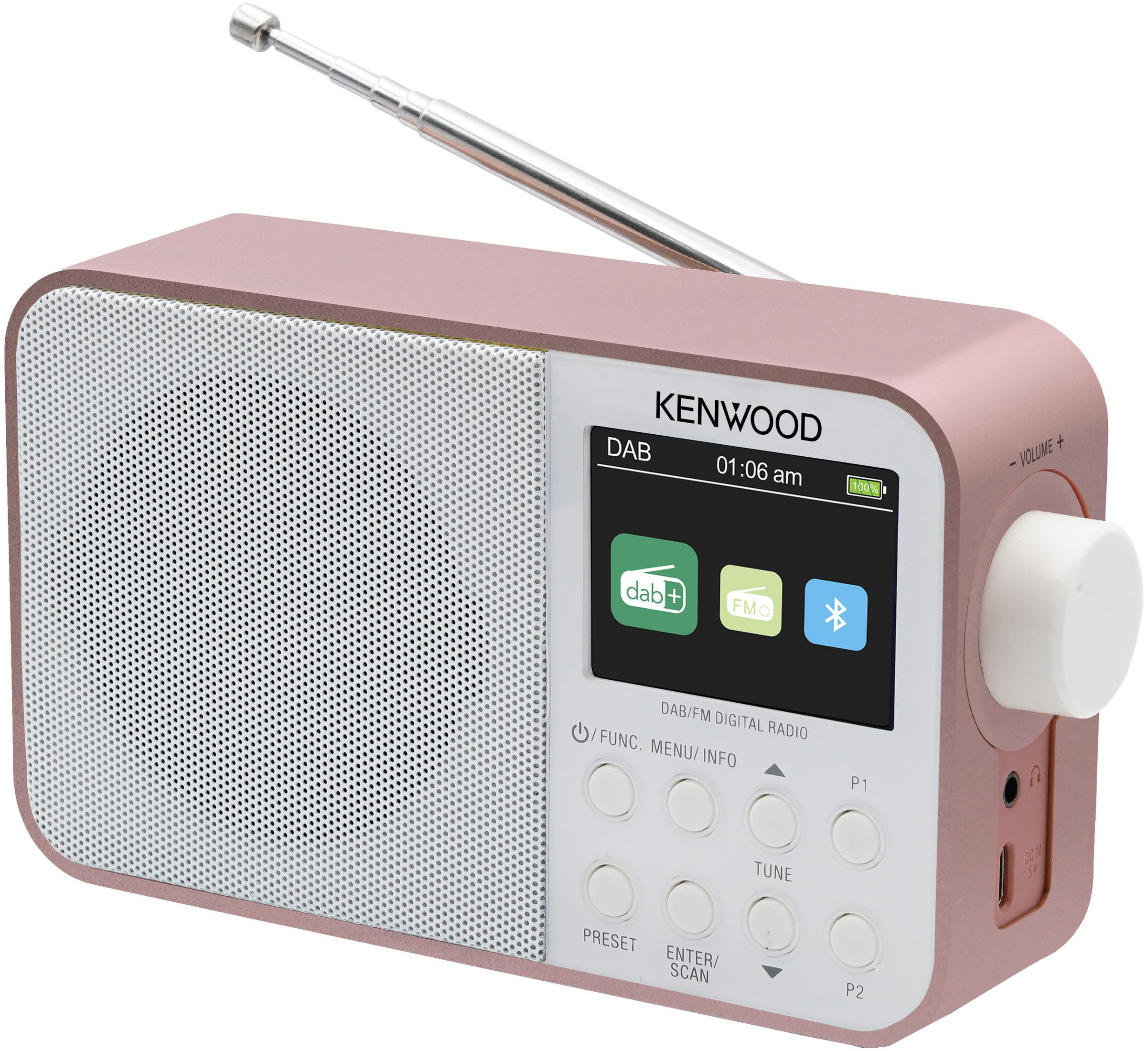 Radio Kenwood rosa con schermo, pulsanti e antenna su una superficie bianca.