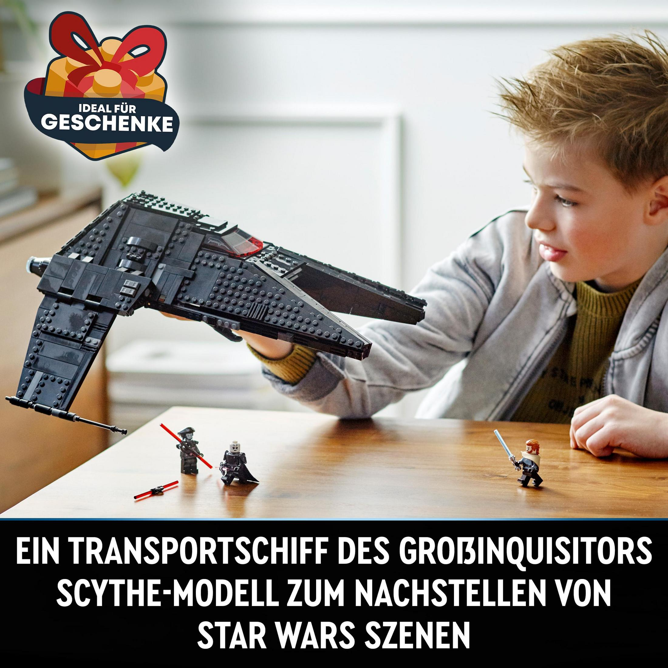 Un niño jugando con un set de Lego Star Wars. El set incluye una nave espacial y figuras.