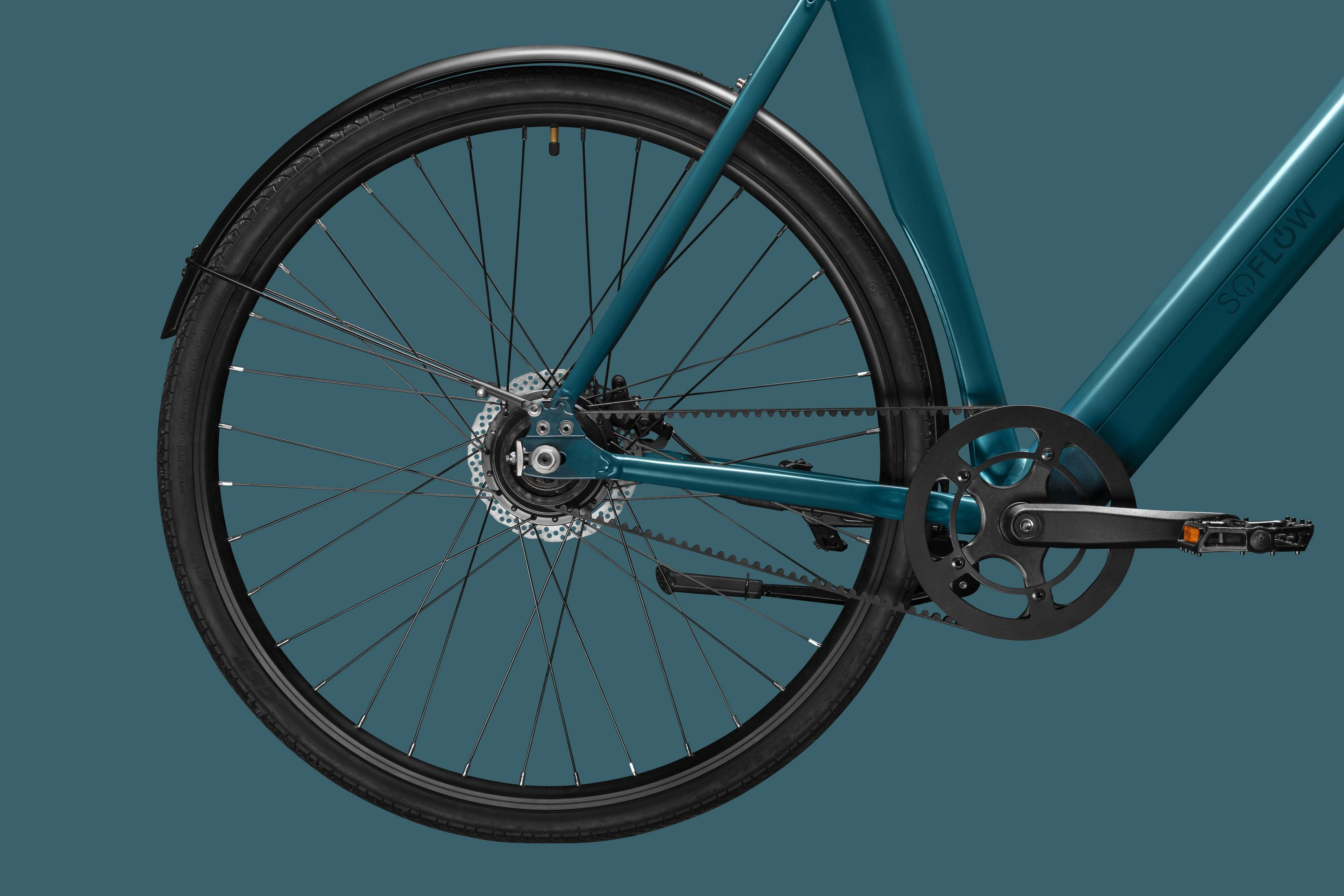 Ein tealfarbenes Fahrrad, Rückansicht, mit einem schwarzen Reifen, Scheibenbremse und einer schwarzen Kette.
