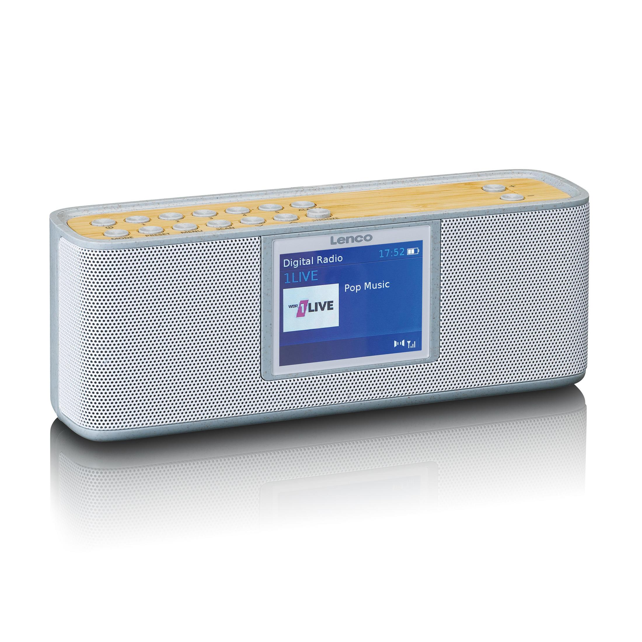 Silber-weißes Lenco Digitalradio mit Bildschirm und Knöpfen, Bambus-Oberseite.
