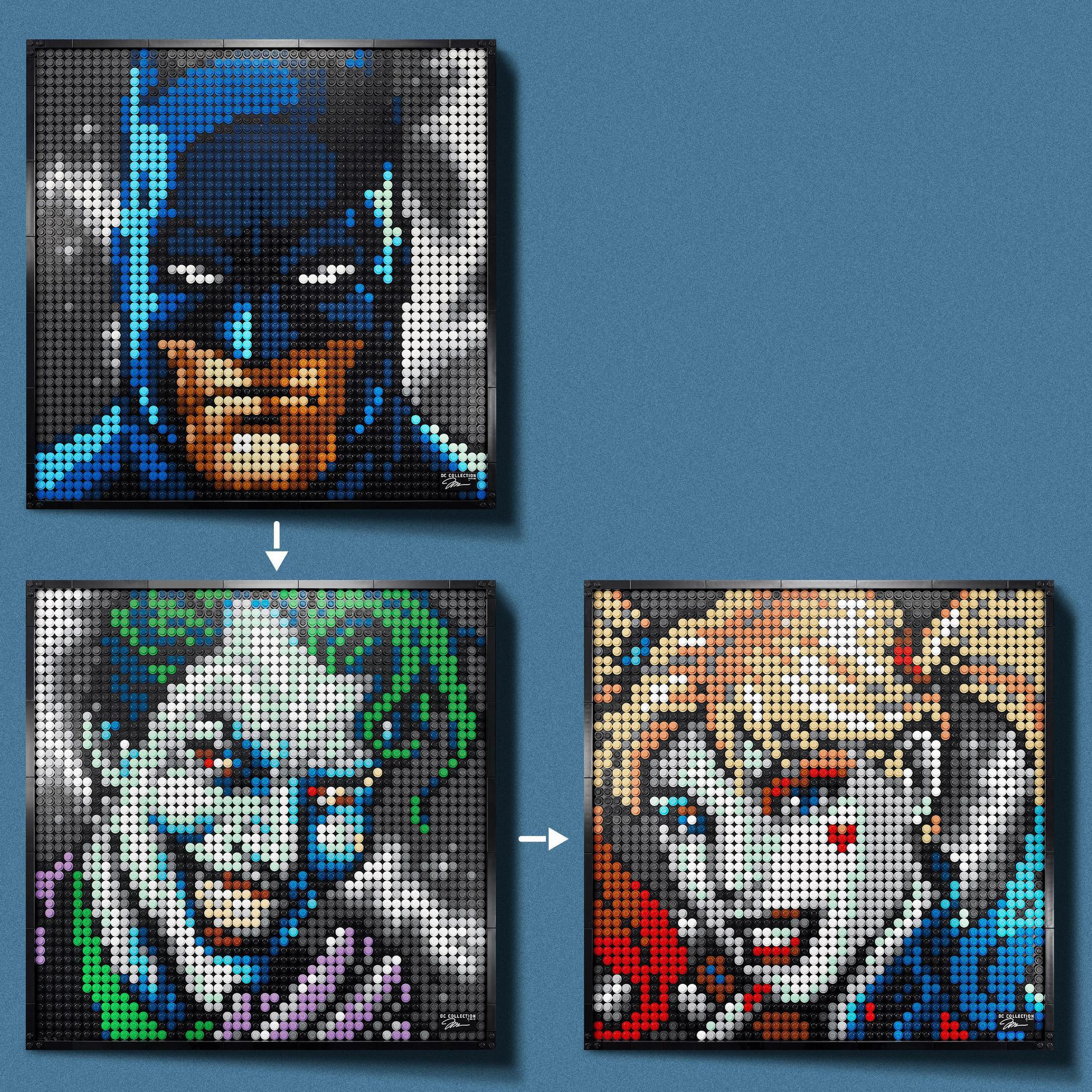 Trzy dzieła sztuki Lego: Batman, Joker i Harley Quinn, każde wykonane z małych, kolorowych kołków.