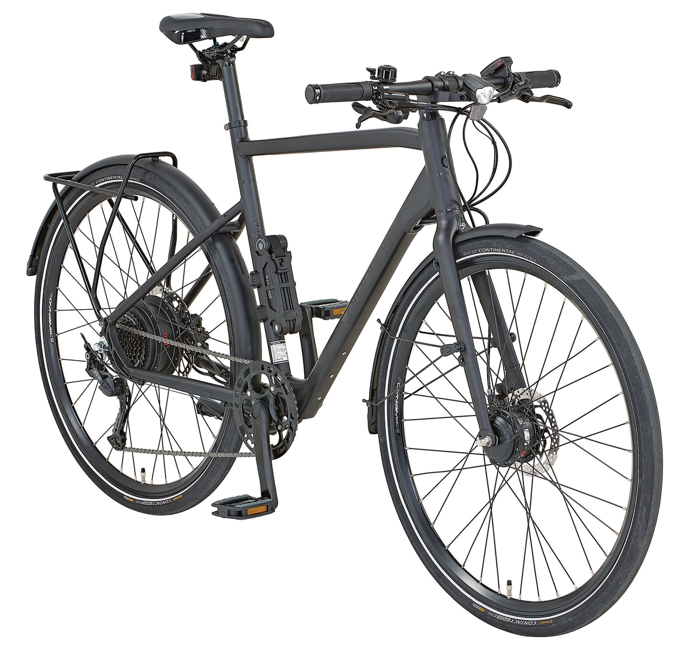 Schwarzes Elektrofahrrad, auf weißem Hintergrund.