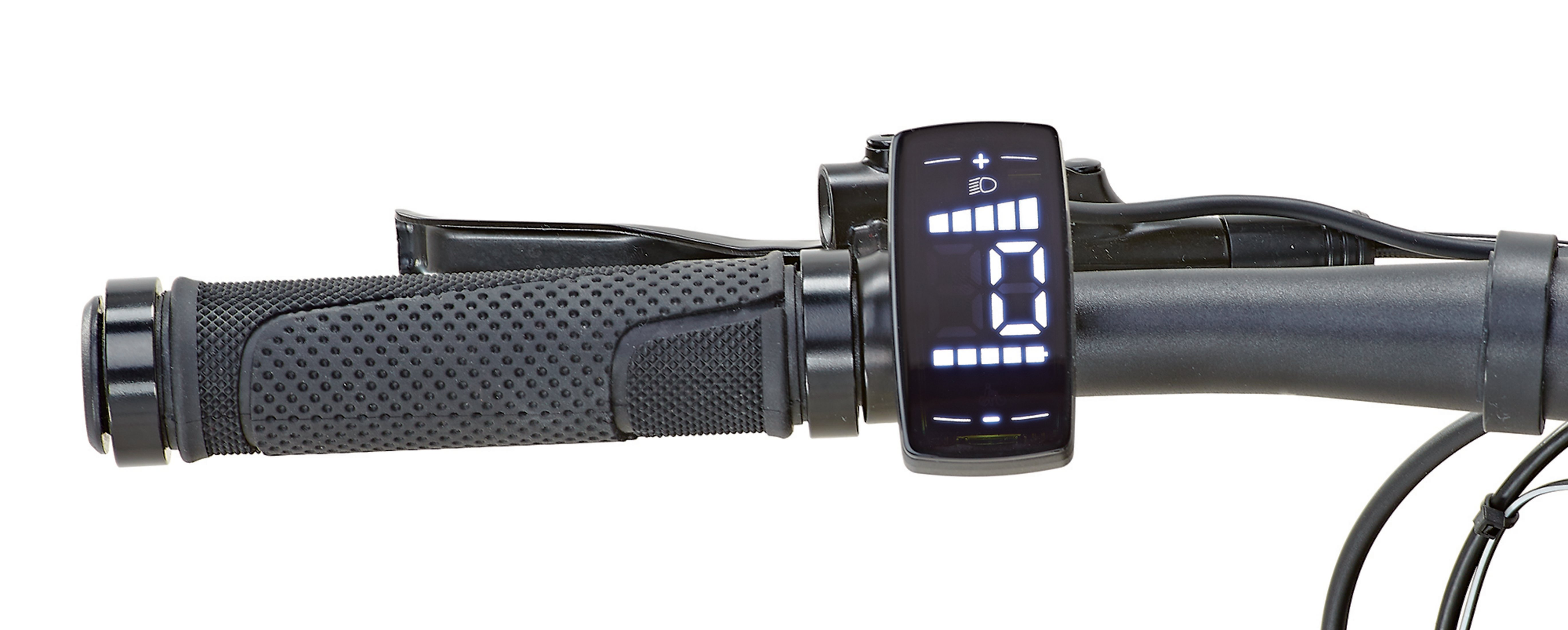 Nahaufnahme des E-Bike-Lenkers. Zeigt Display, Griffe und Bedienelemente.
