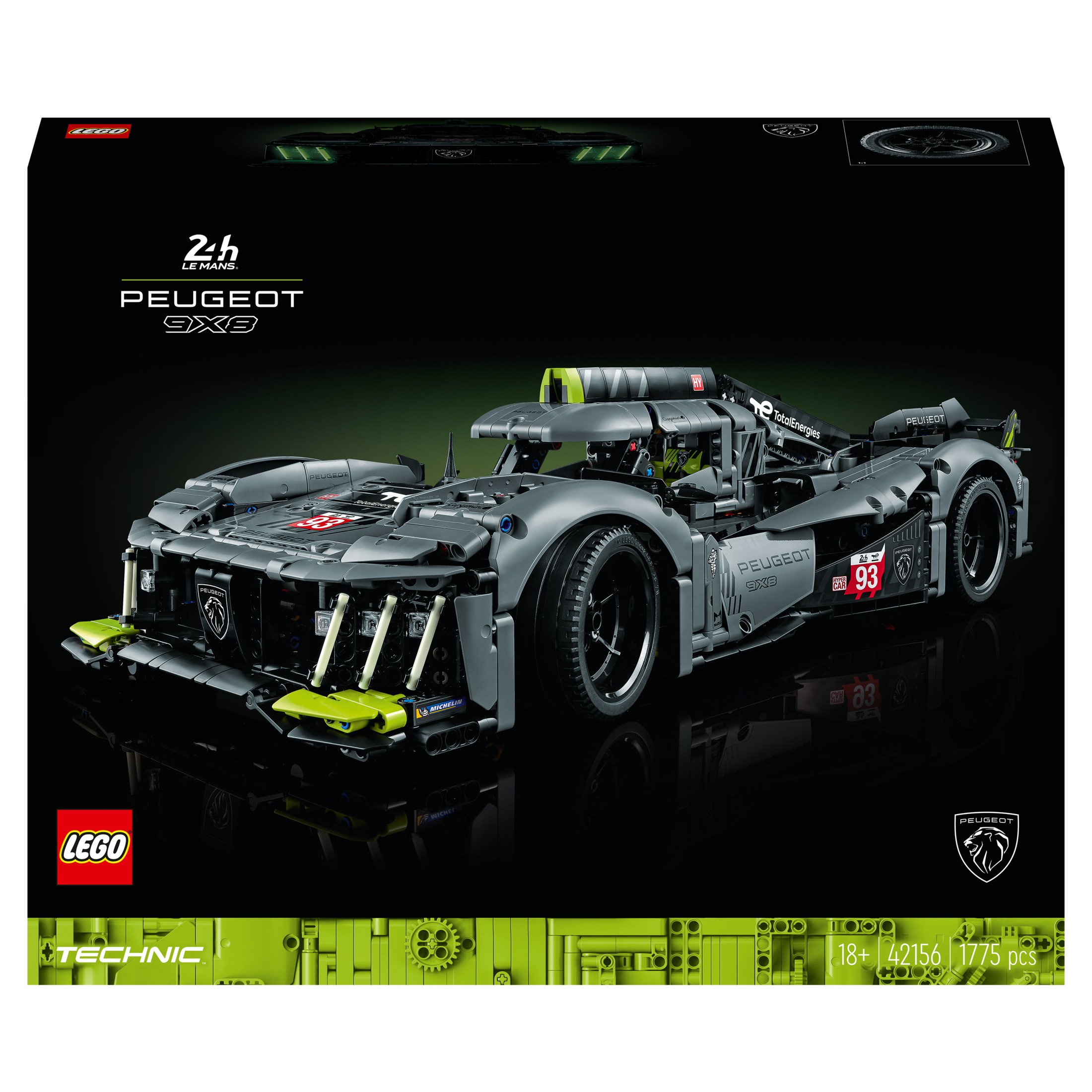 Pudełko modelu samochodu Lego Technic Peugeot 9X8 z czarnym tłem.