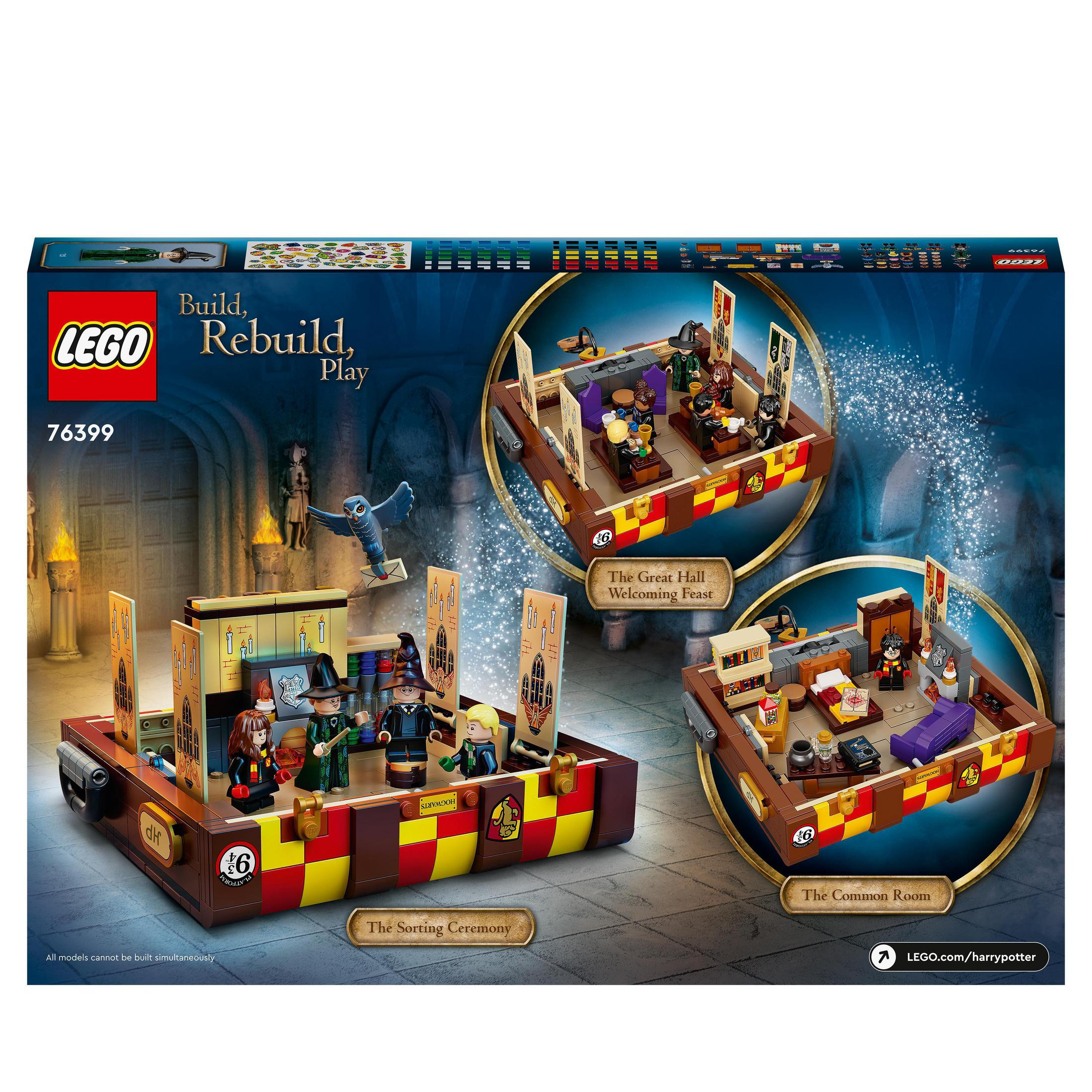 LEGO Harry Potter setbox. Toont scènes van de Sorteerceremonie, de Grote Zaal en de Gemeenschappelijke Ruimte. Met figuren.