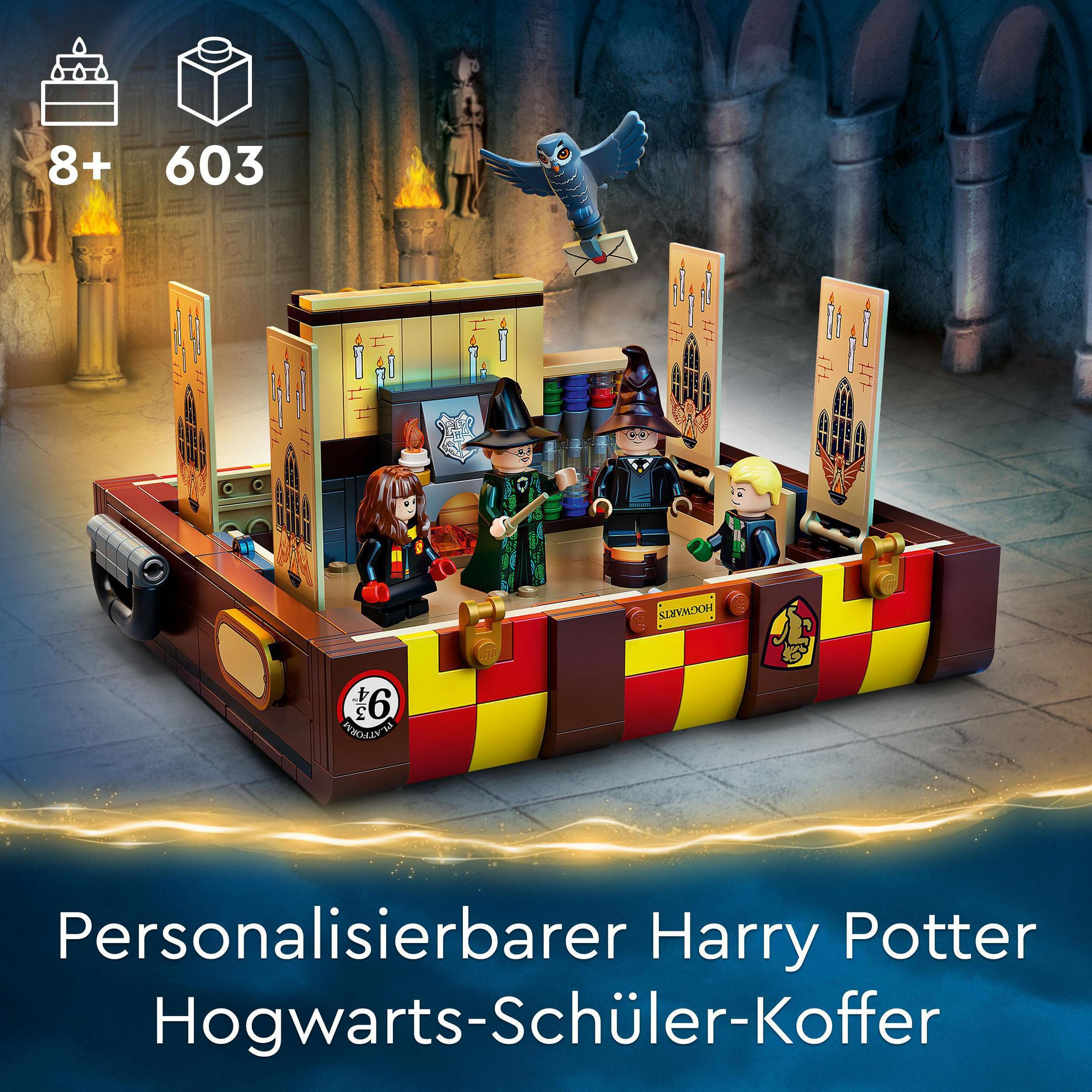 Lego Harry Potter set met figuren, uil en Hogwarts decor.
