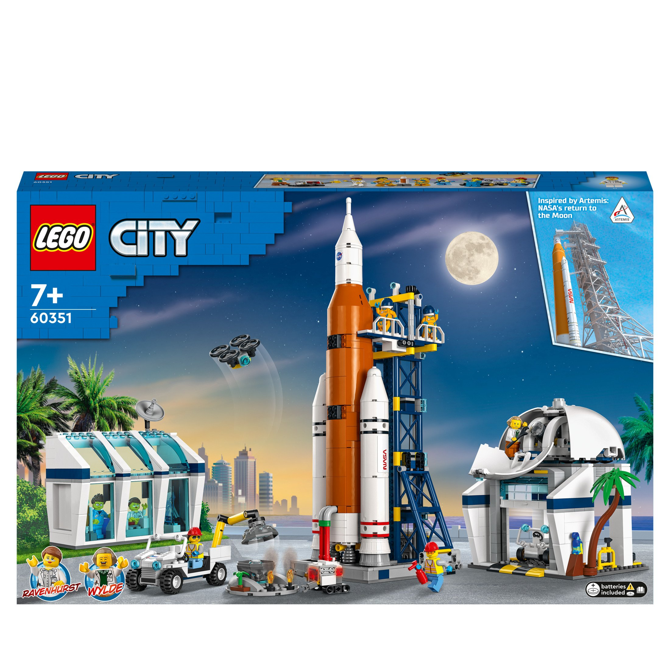 Zestaw startowy rakiety Lego City z rakietą, platformą startową i różnymi budynkami.
