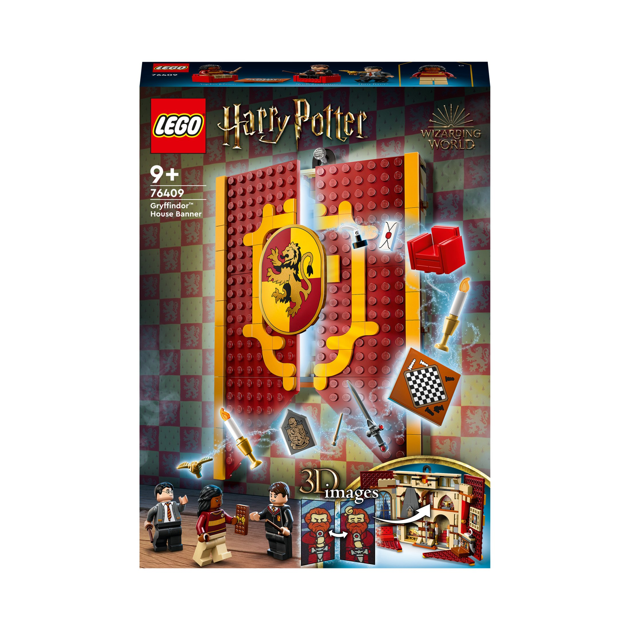Lego Harry Potter Set-Box. Sie zeigt ein Gryffindor-Hausbanner, Minifiguren und 3D-Bilder.