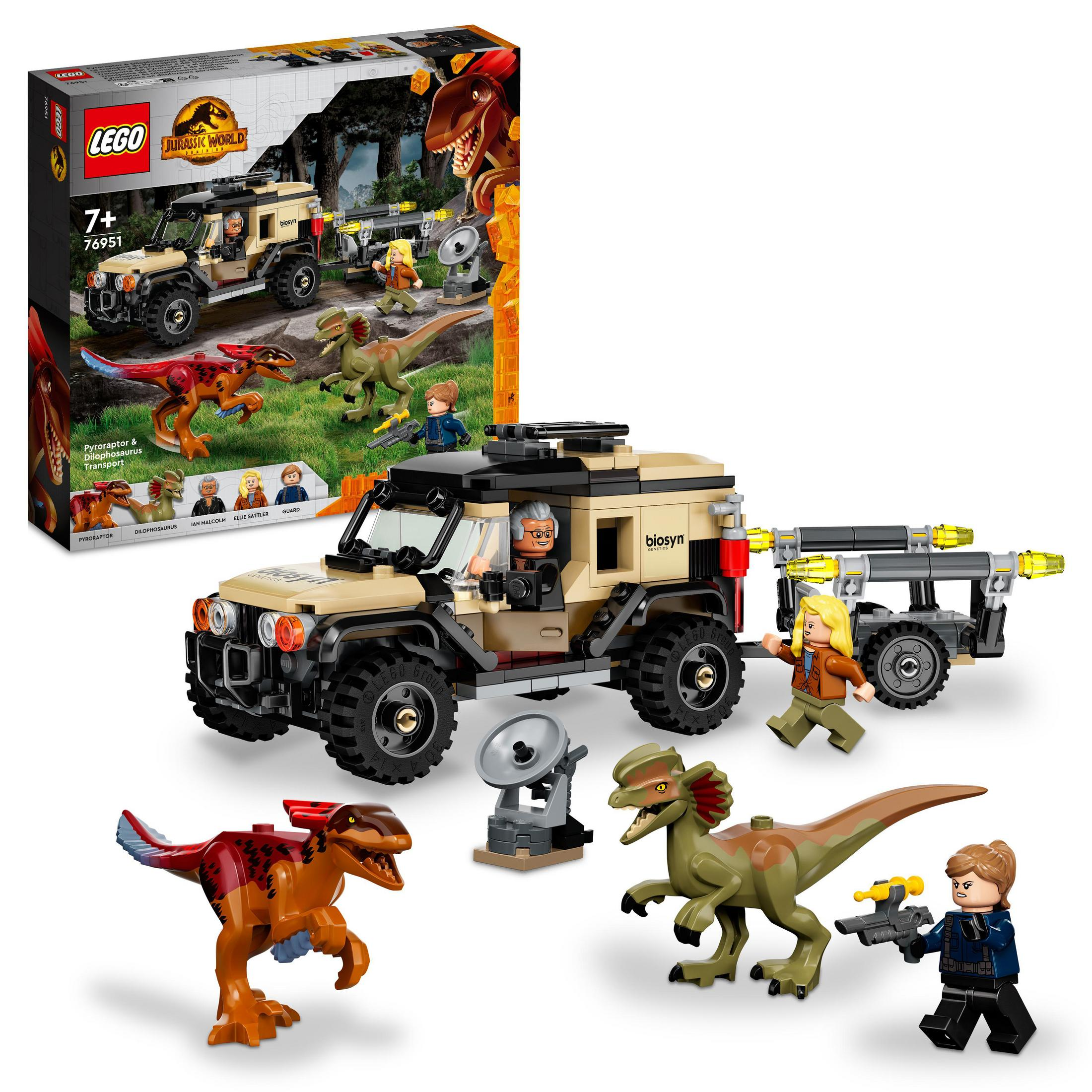 Zestaw Lego z pojazdem z Parku Jurajskiego, dinozaurami i postaciami, z widocznym opakowaniem.