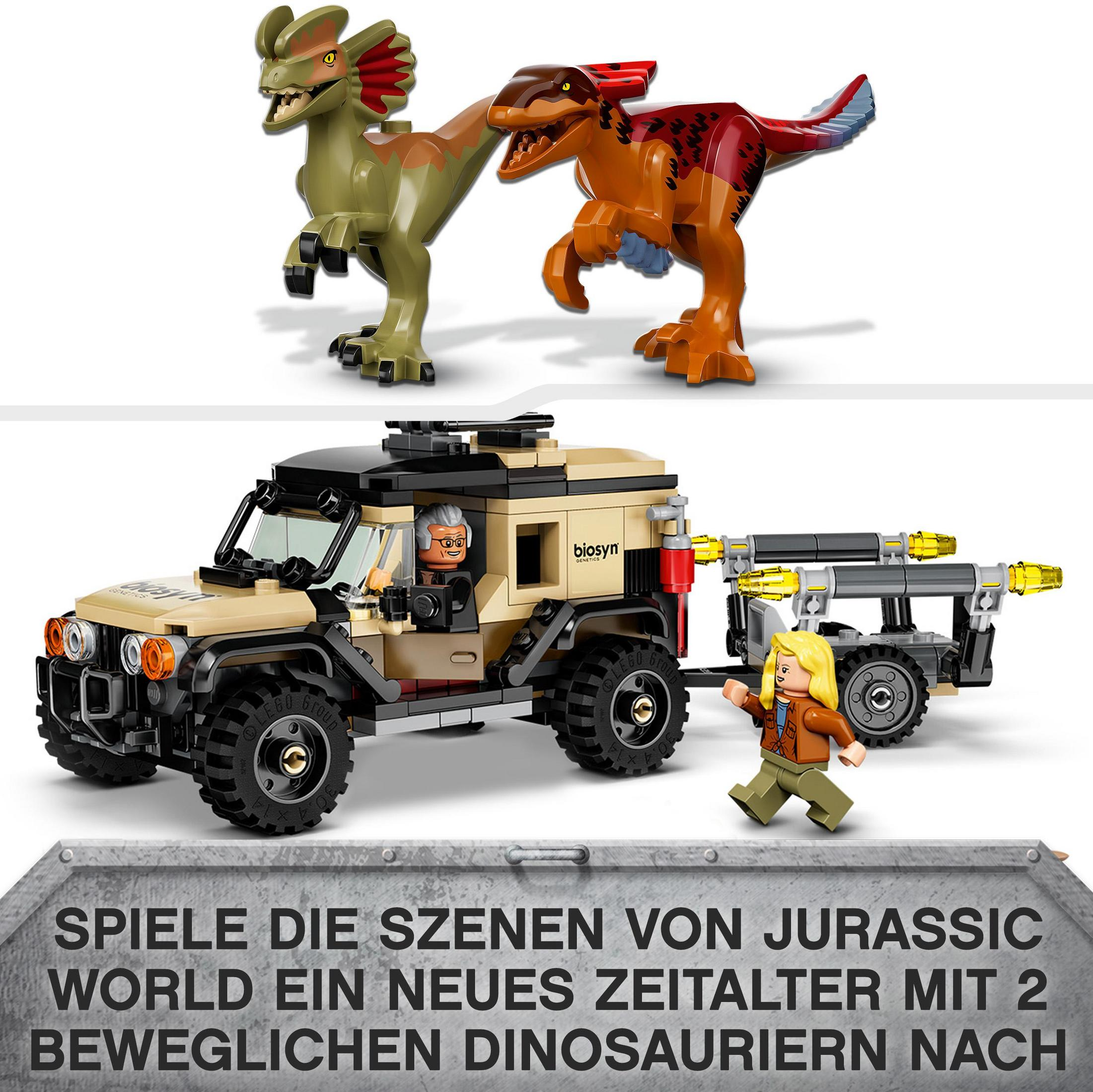 Zestaw LEGO przedstawiający dwa dinozaury, jeepa i figurki. Tekst głosi: „ODTWÓRZ SCENY Z JURASSIC WORLD”.