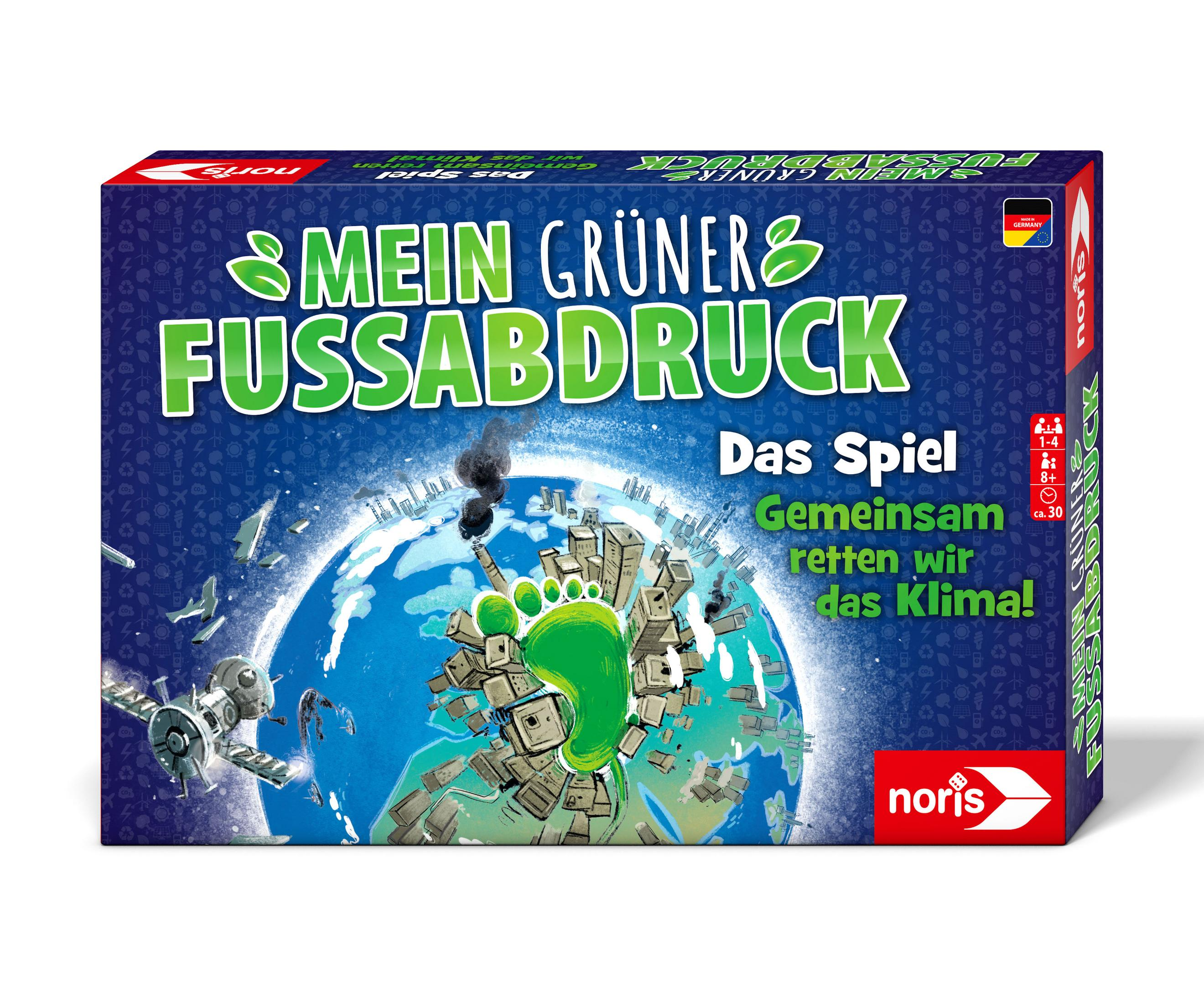 Eine Brettspielbox mit dem Titel 'Mein Gruner Fussabdruck' mit einem grünen Fußabdruck.