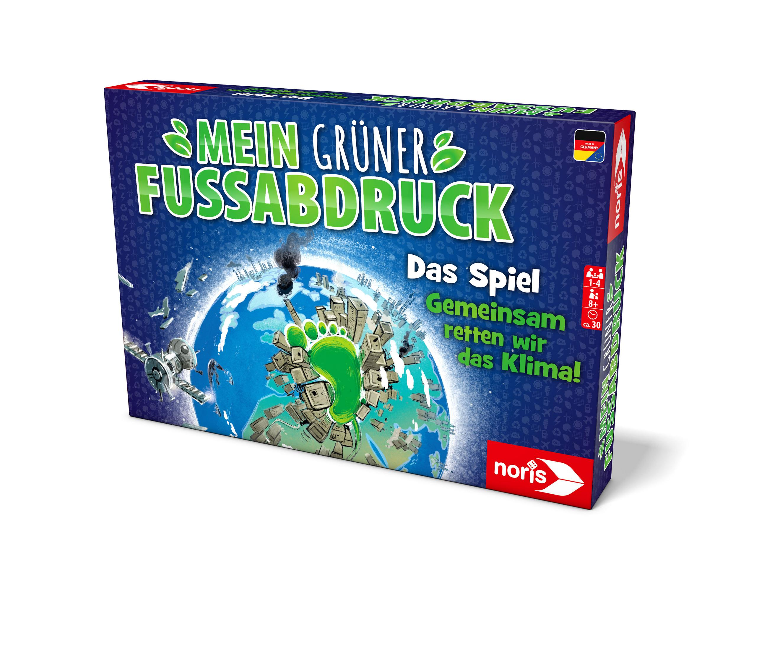 Spielbox: Erde mit Fußabdruck, Titel 'Mein Grüner Fußabdruck'.