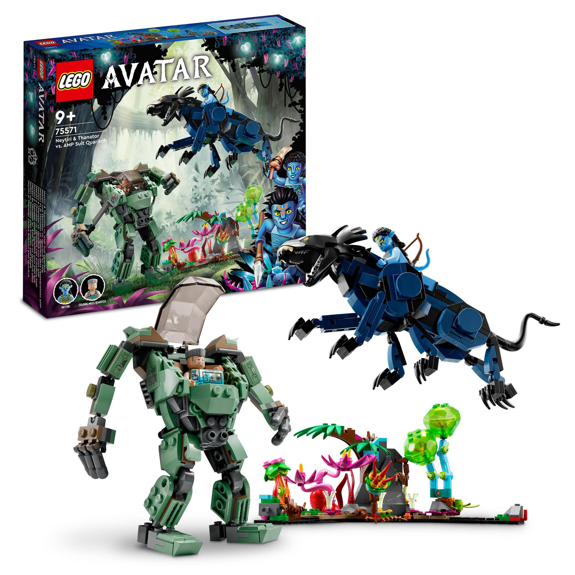 Set Lego Avatar con figuras, mech y criaturas, más arte de caja con escena forestal.