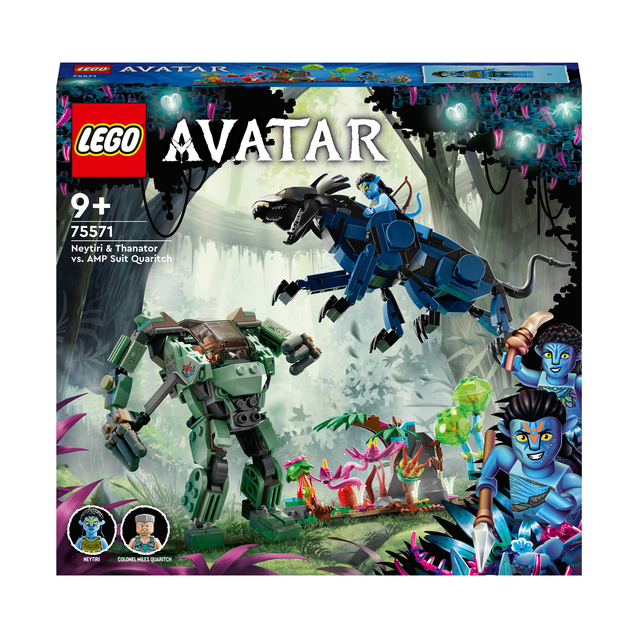 Caja de Lego Avatar que muestra a Neytiri y Thanator vs. el Coronel Quaritch en un traje AMP.
