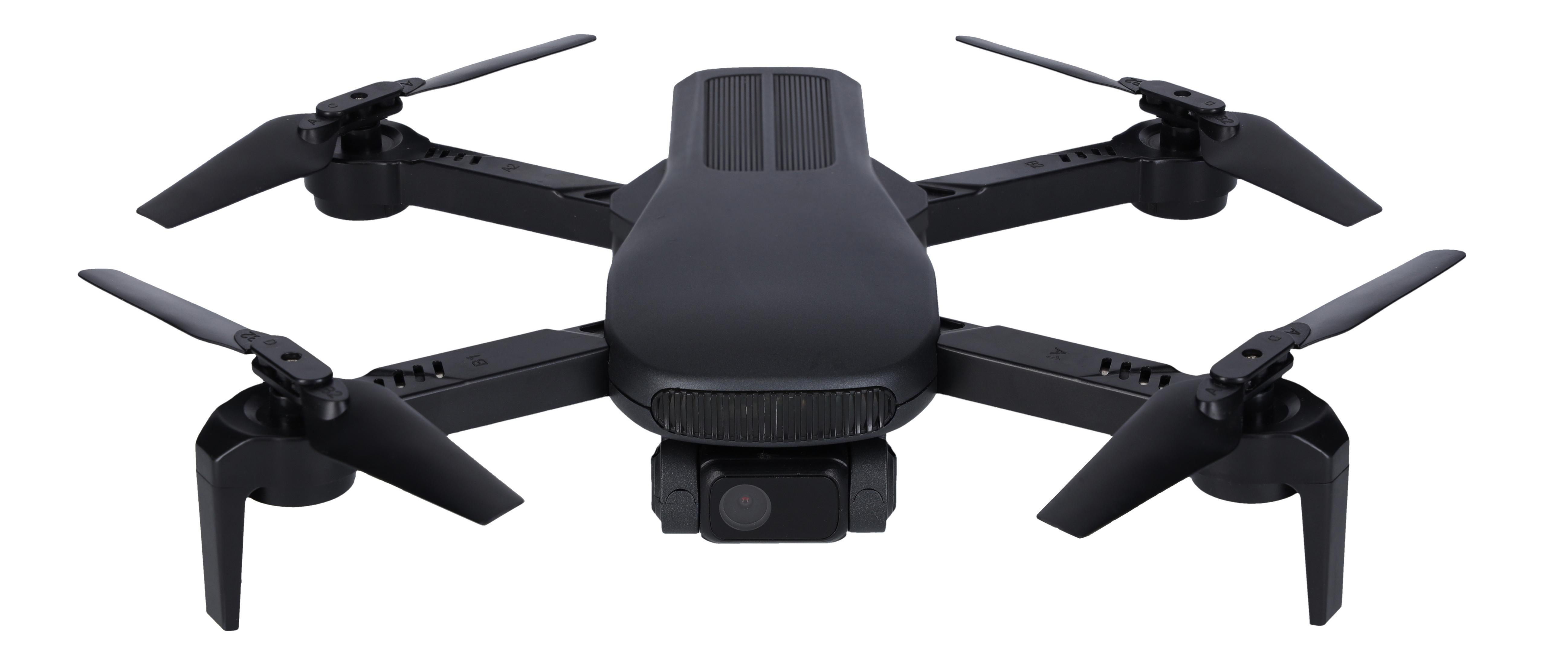 Czarny dron. Ma cztery śmigła i kamerę z przodu, na białym tle.