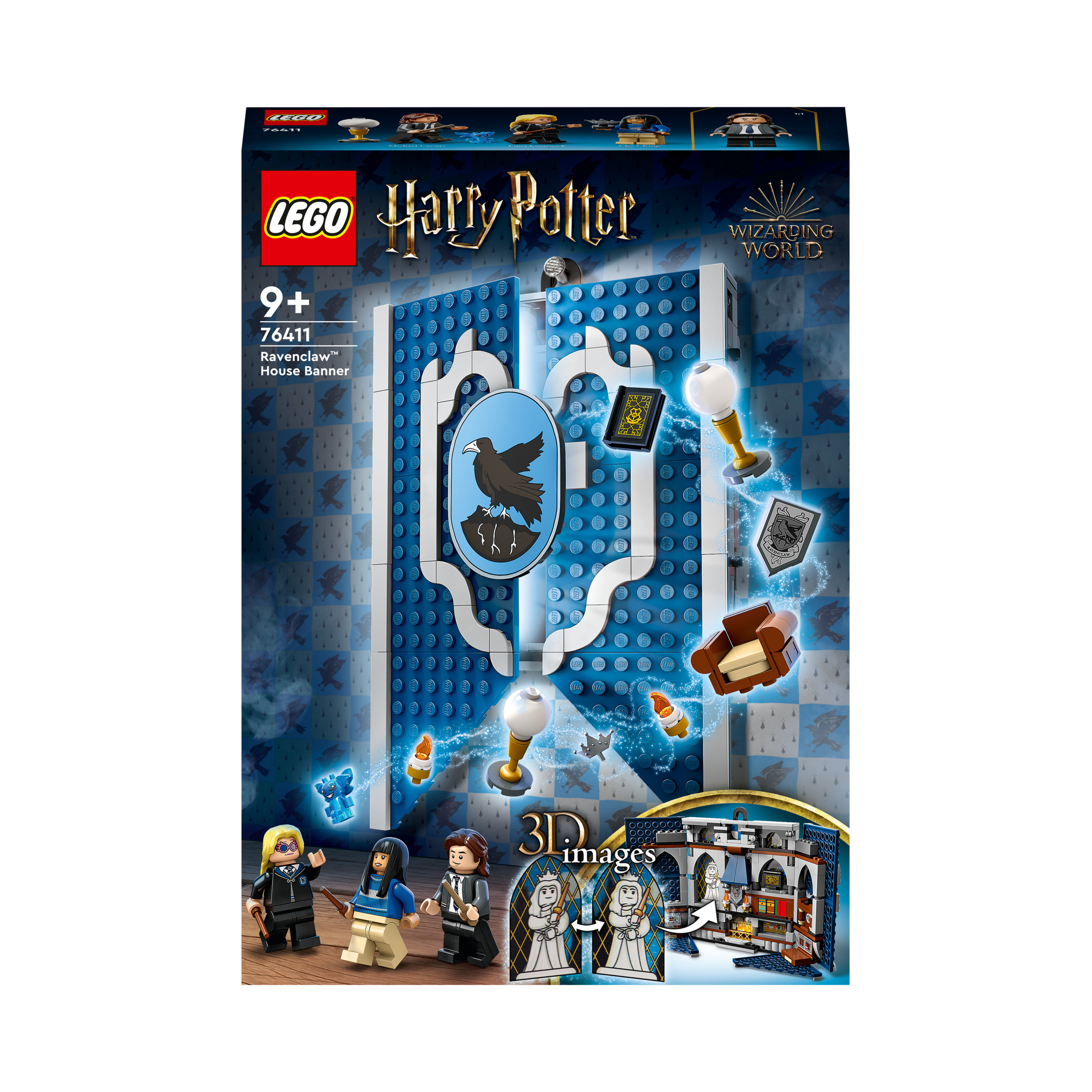 Lego Harry Potter-Box mit Ravenclaw-Banner und Mini-Figuren.