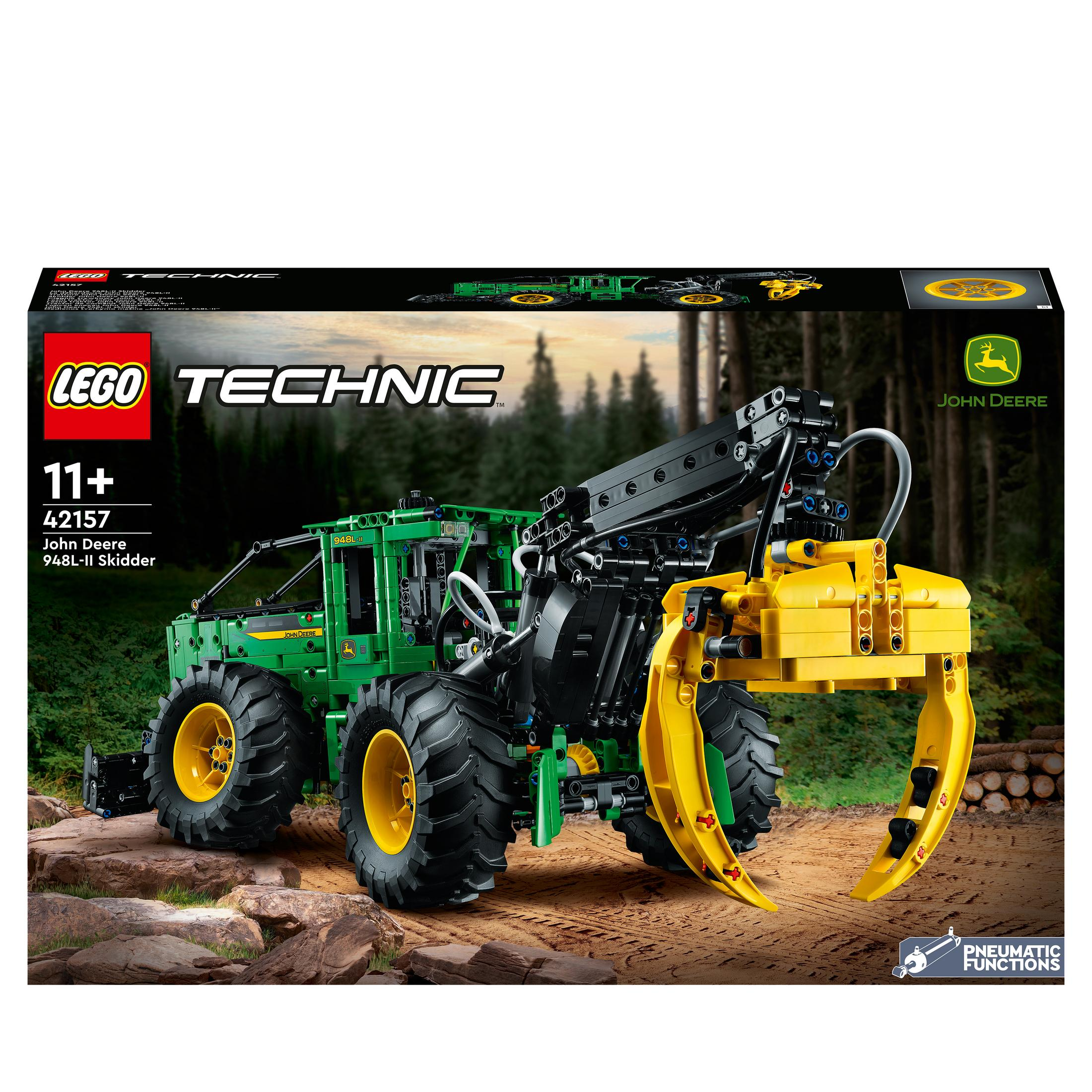 Pudełko zestawu konstrukcyjnego Lego Technic John Deere, z zielonym traktorem i żółtym żurawiem.